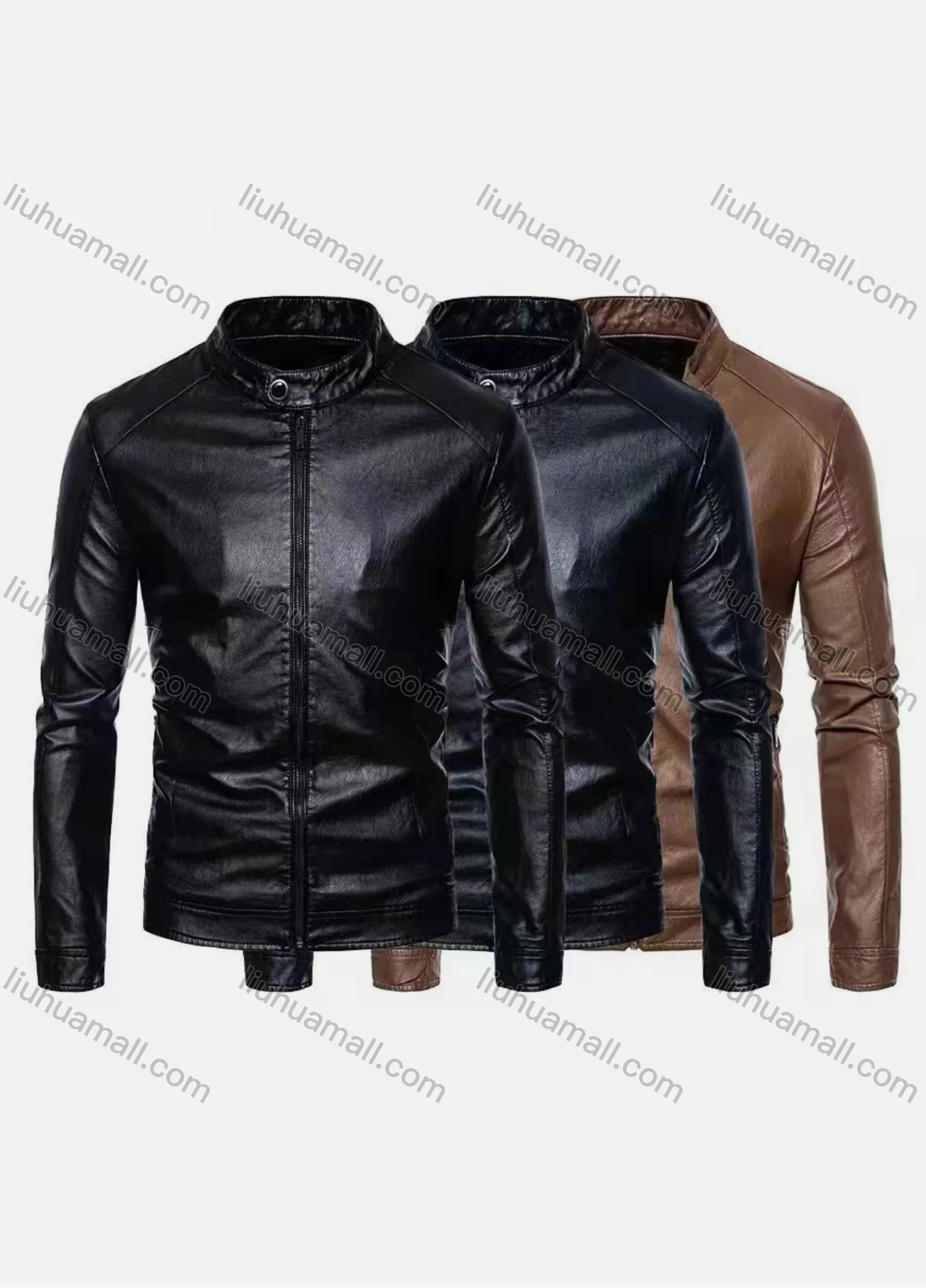 Wholesale Men's Fashion Stand Collar Zipper Pockets Zipper Leather Jacket - Liuhuamall