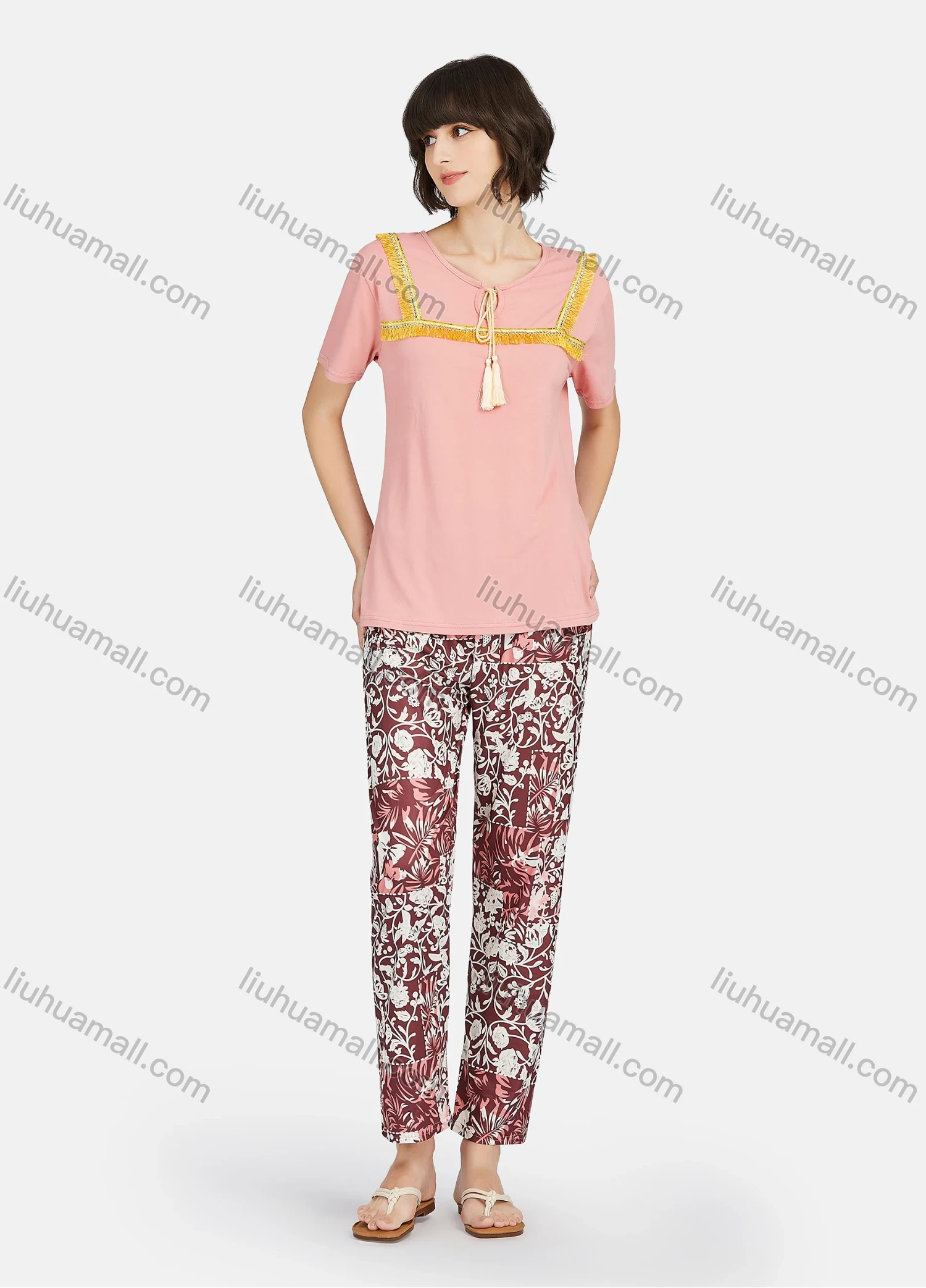 Wholesale Women's Lounge Tassel Trim Tie Neck Short Sleeve Tee & Floral Print Pants 2 Piece Pajamas Set A04# - Liuhuamall