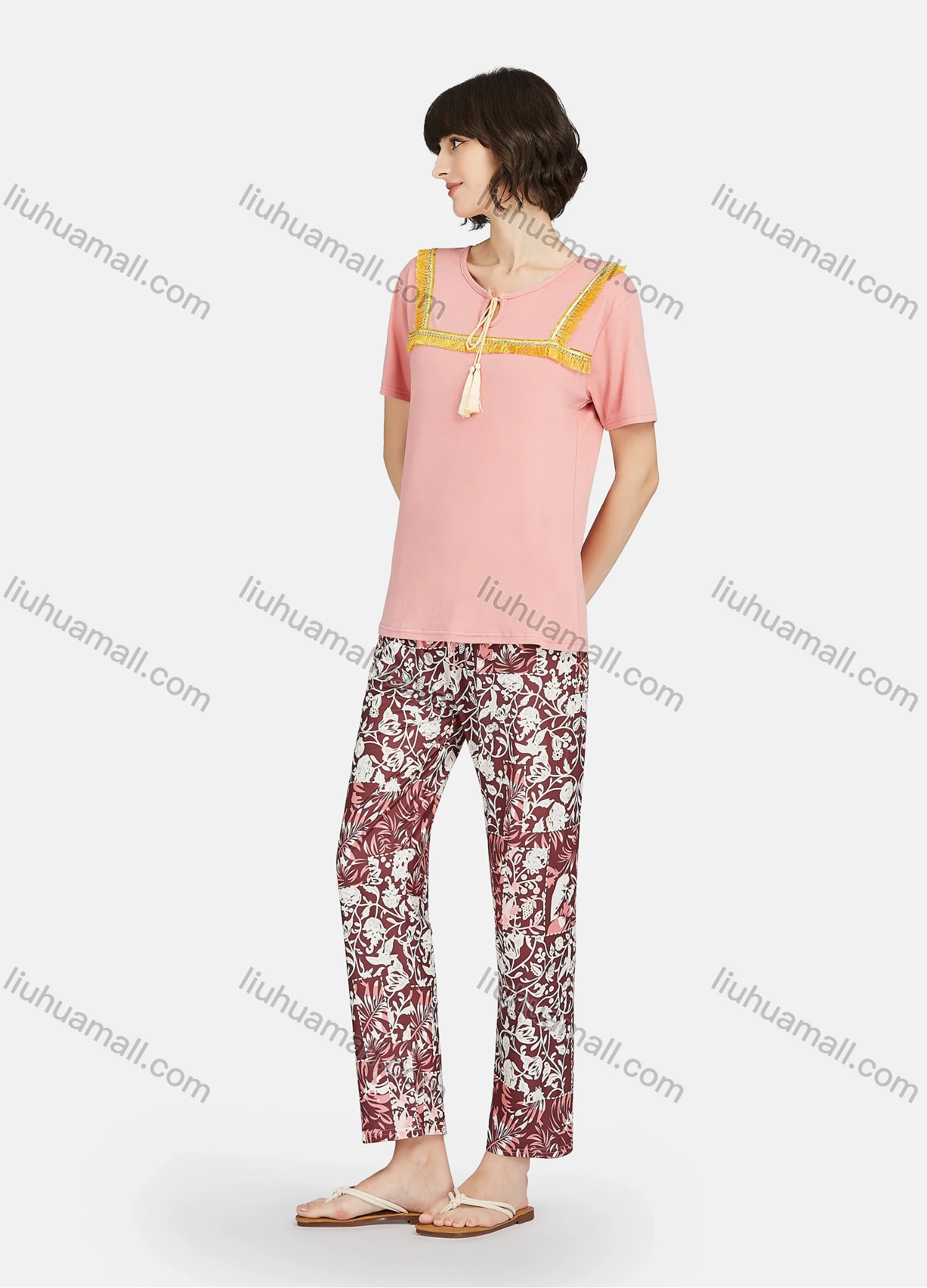 Wholesale Women's Lounge Tassel Trim Tie Neck Short Sleeve Tee & Floral Print Pants 2 Piece Pajamas Set A04# - Liuhuamall