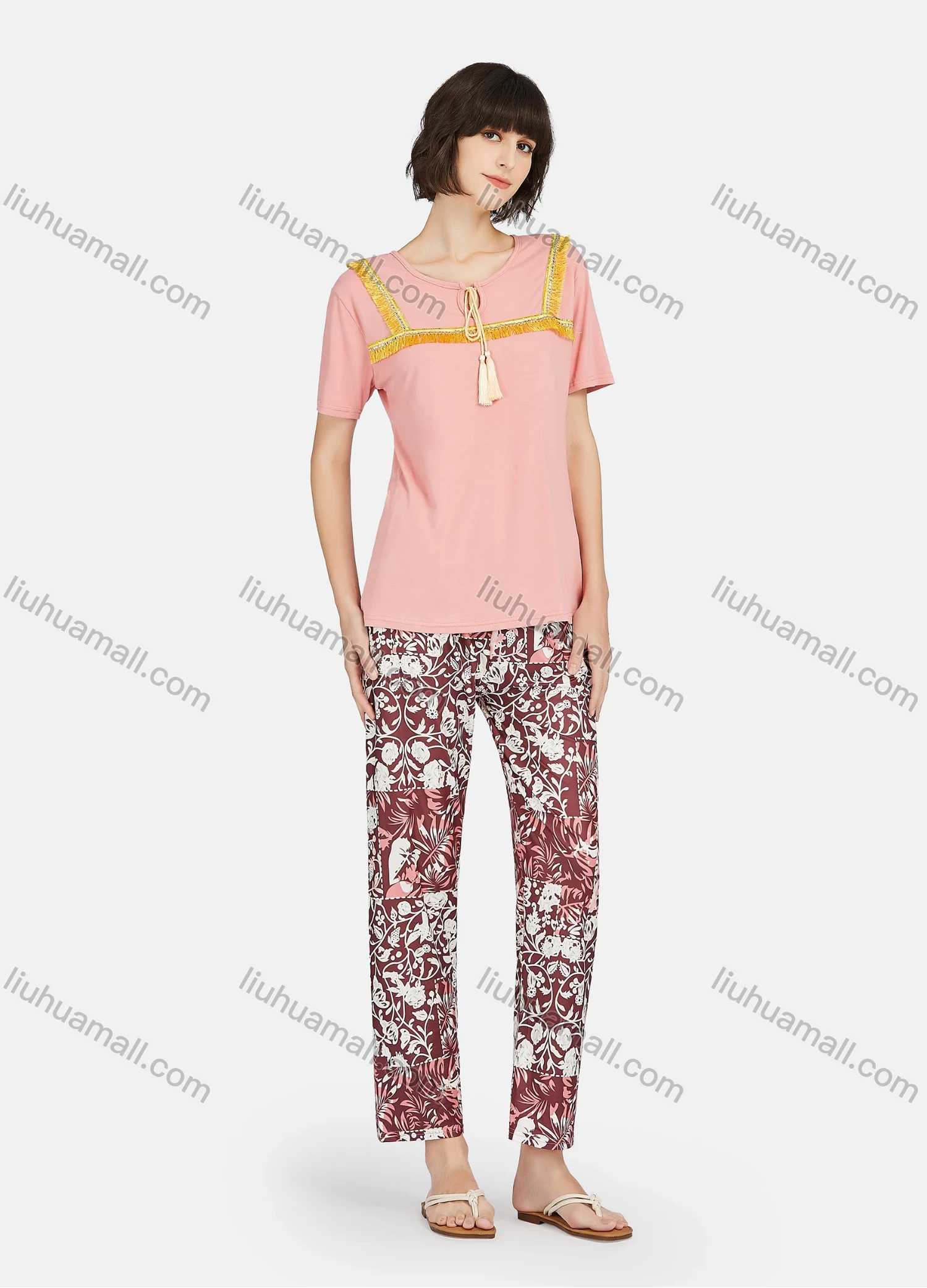 Wholesale Women's Lounge Tassel Trim Tie Neck Short Sleeve Tee & Floral Print Pants 2 Piece Pajamas Set A04# - Liuhuamall
