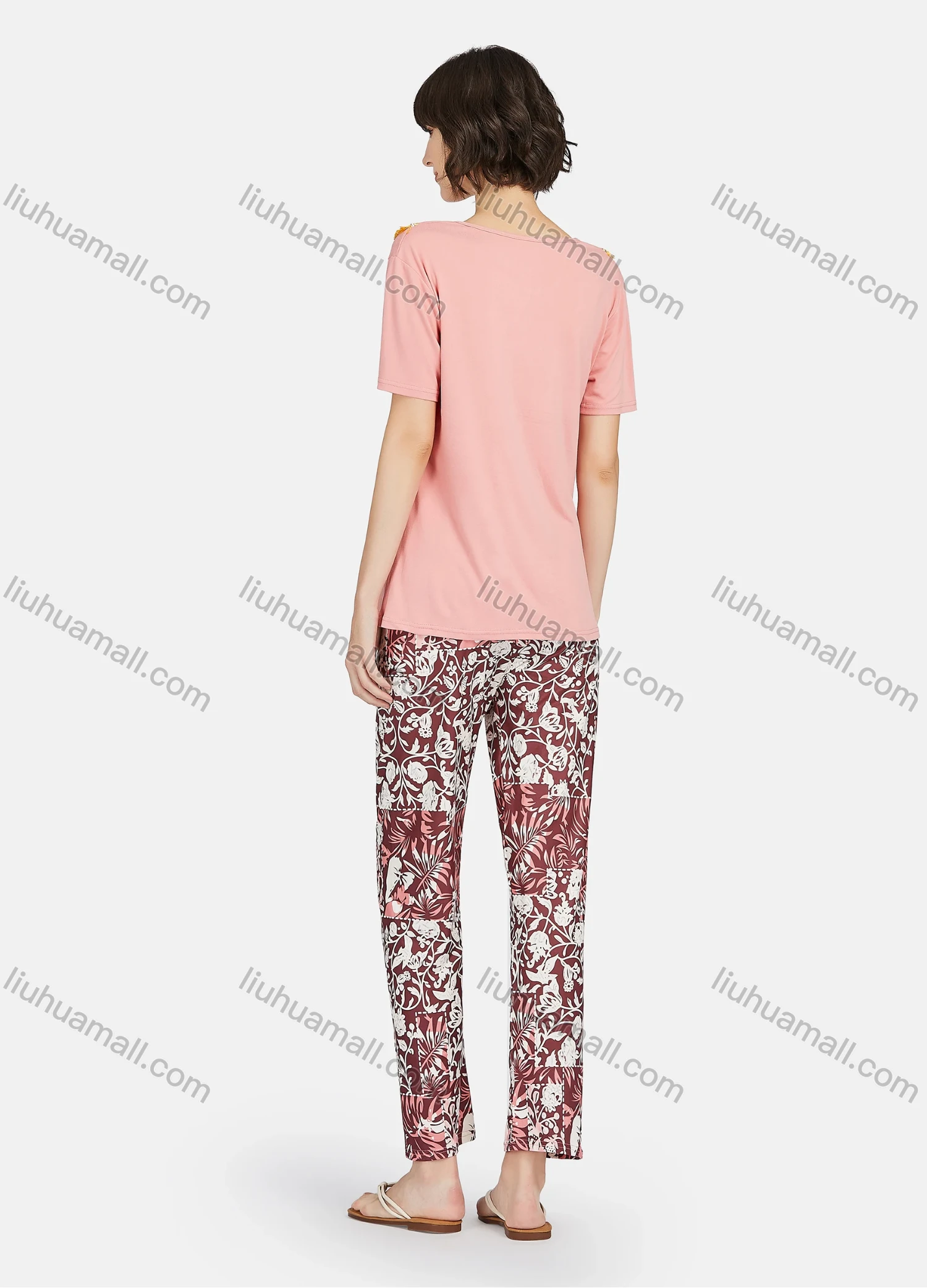Wholesale Women's Lounge Tassel Trim Tie Neck Short Sleeve Tee & Floral Print Pants 2 Piece Pajamas Set A04# - Liuhuamall