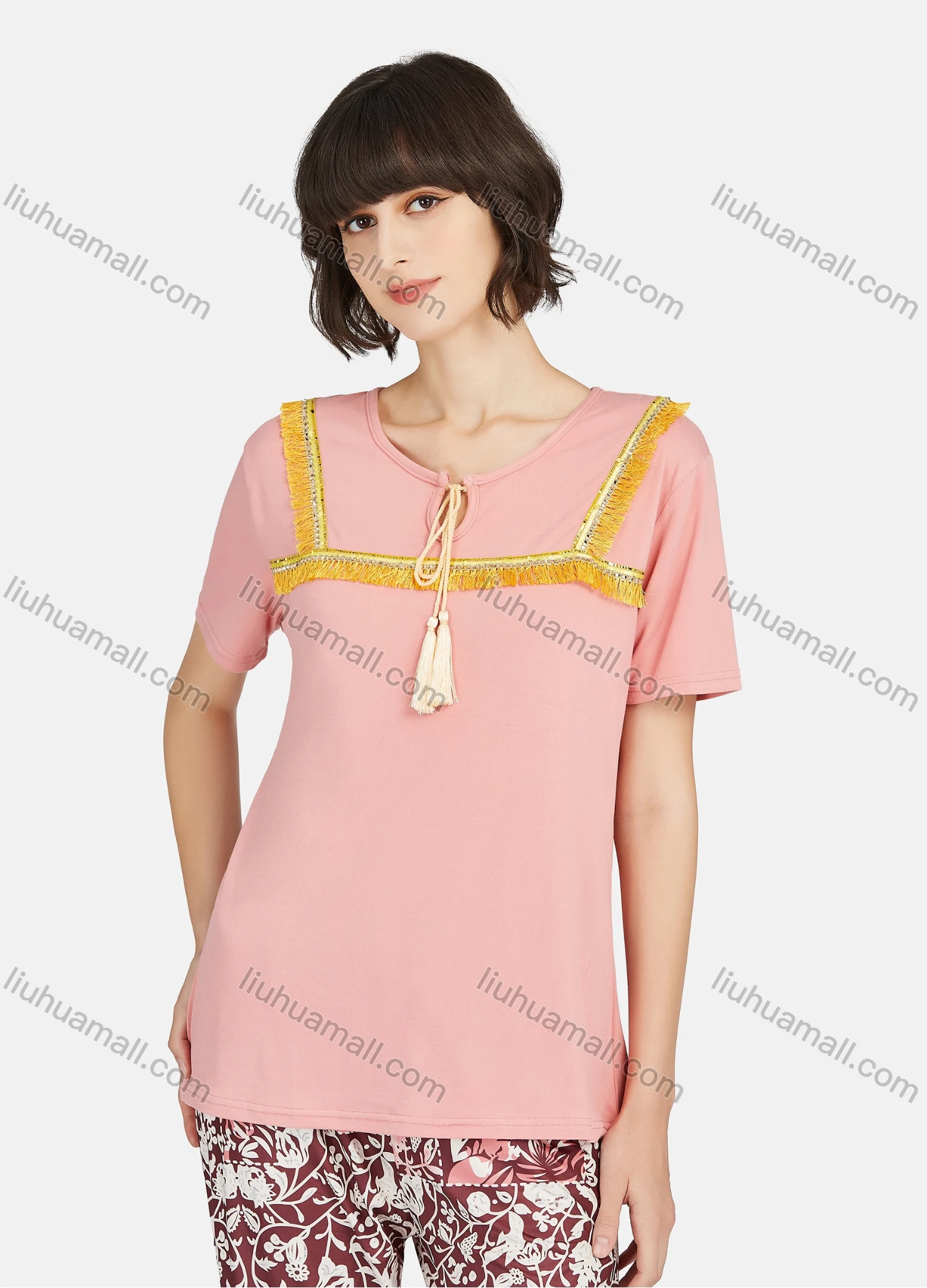 Wholesale Women's Lounge Tassel Trim Tie Neck Short Sleeve Tee & Floral Print Pants 2 Piece Pajamas Set A04# - Liuhuamall