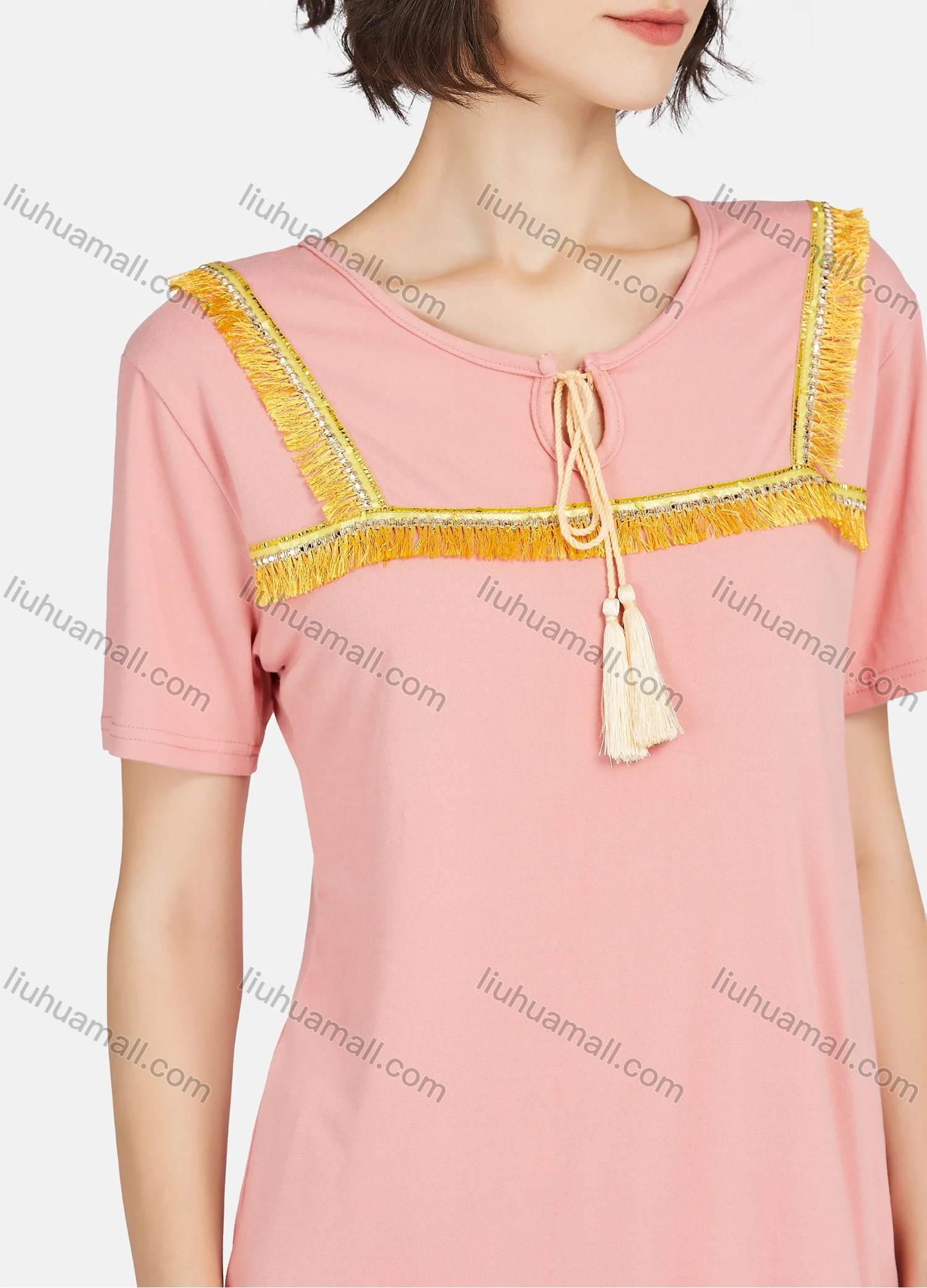 Wholesale Women's Lounge Tassel Trim Tie Neck Short Sleeve Tee & Floral Print Pants 2 Piece Pajamas Set A04# - Liuhuamall