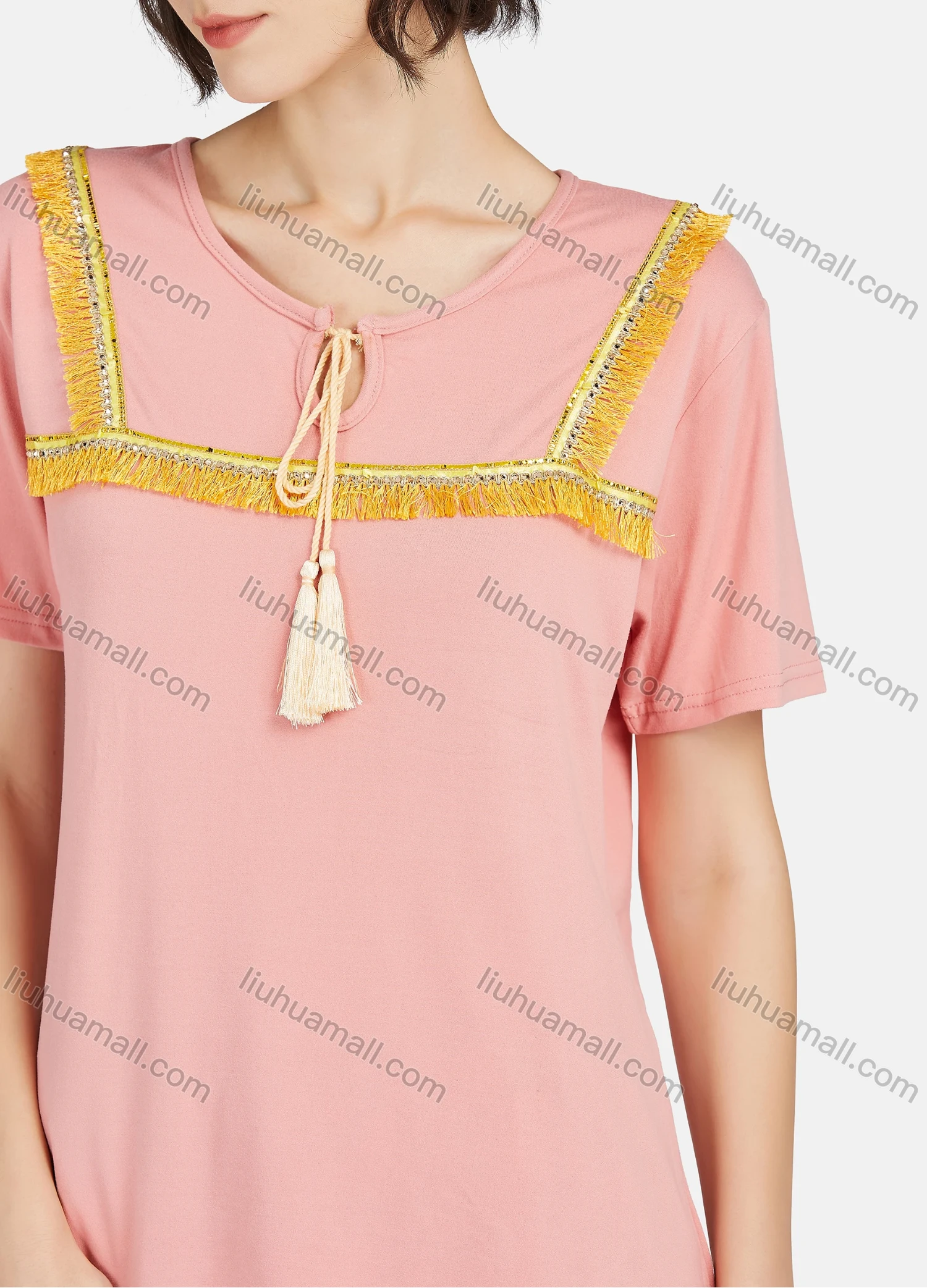 Wholesale Women's Lounge Tassel Trim Tie Neck Short Sleeve Tee & Floral Print Pants 2 Piece Pajamas Set A04# - Liuhuamall