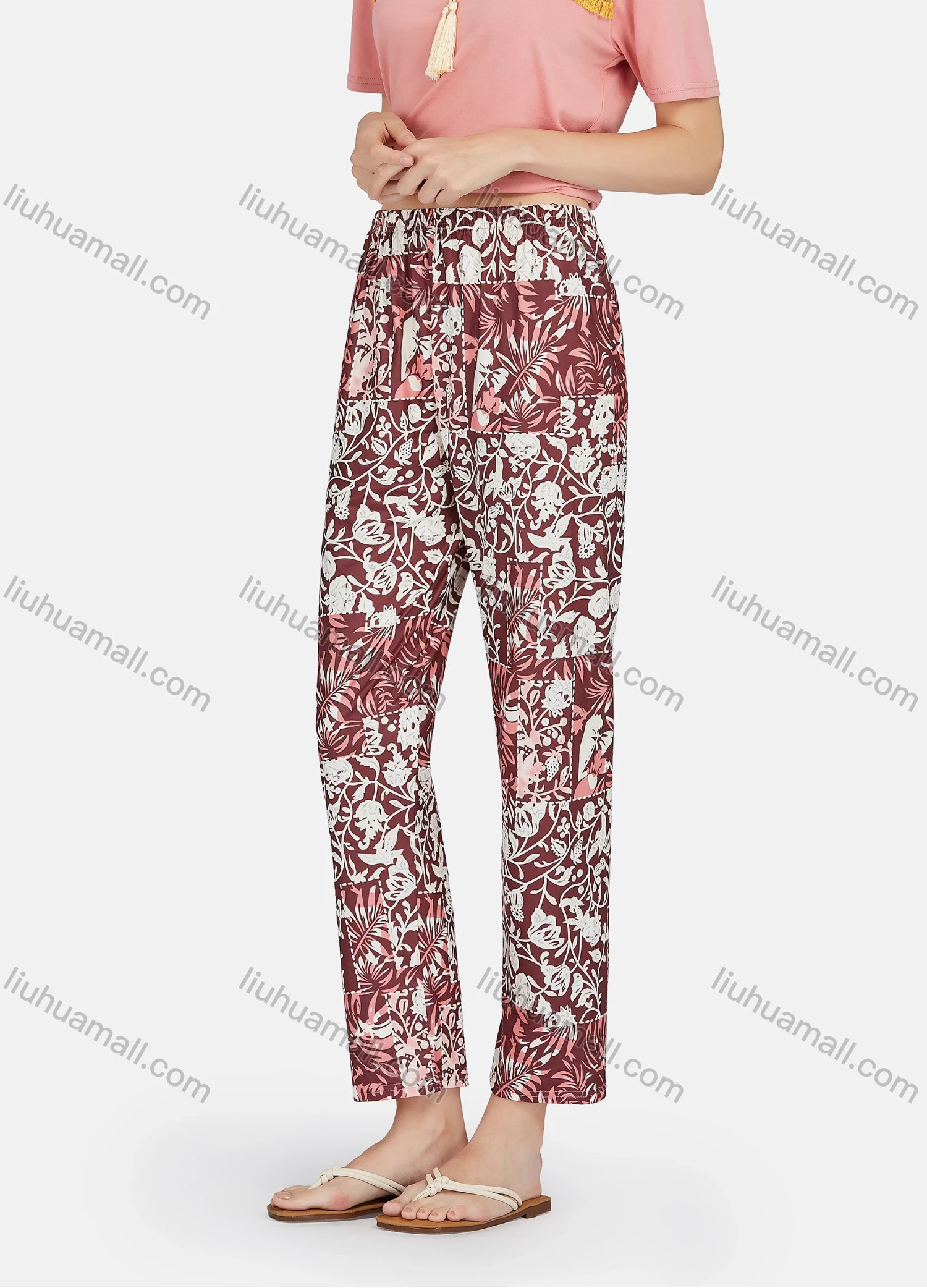 Wholesale Women's Lounge Tassel Trim Tie Neck Short Sleeve Tee & Floral Print Pants 2 Piece Pajamas Set A04# - Liuhuamall