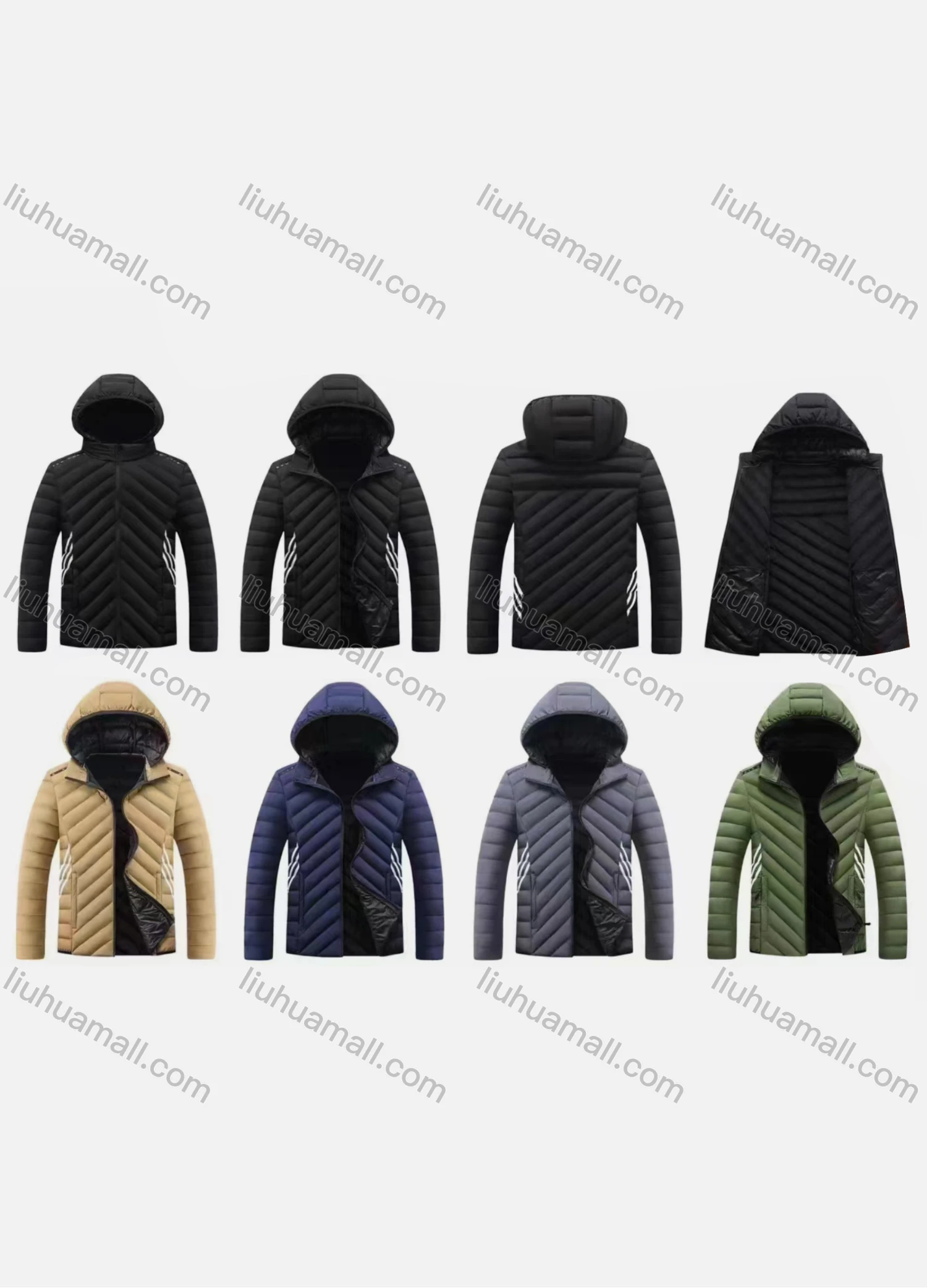 Wholesale Men's Casual Double-sided Hooded Striped Zipper Striped Chevron Puffer Jacket - Liuhuamall