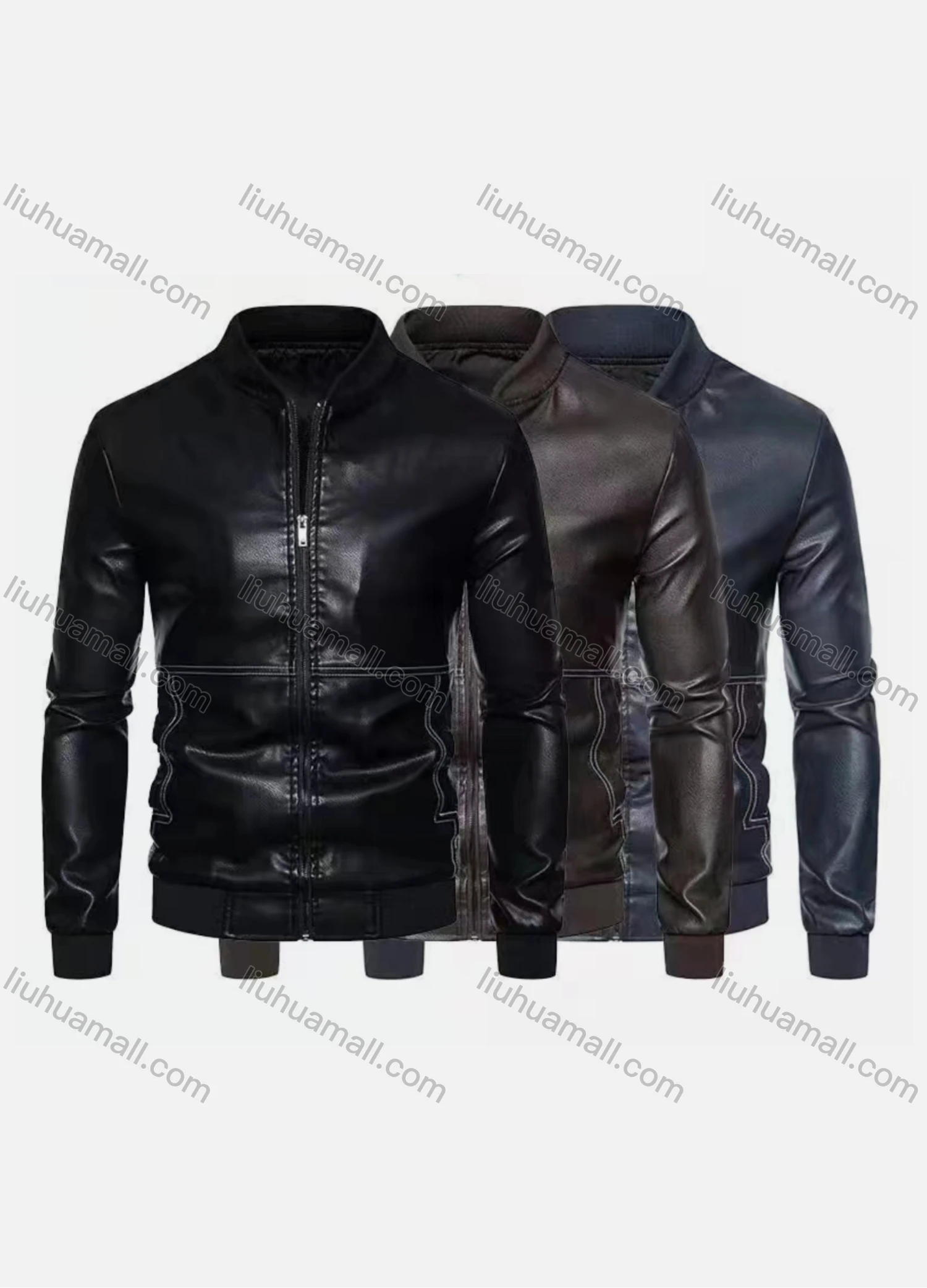 Wholesale Men's Fashion Moto Stand Collar Zipper Leather Jacket - Liuhuamall