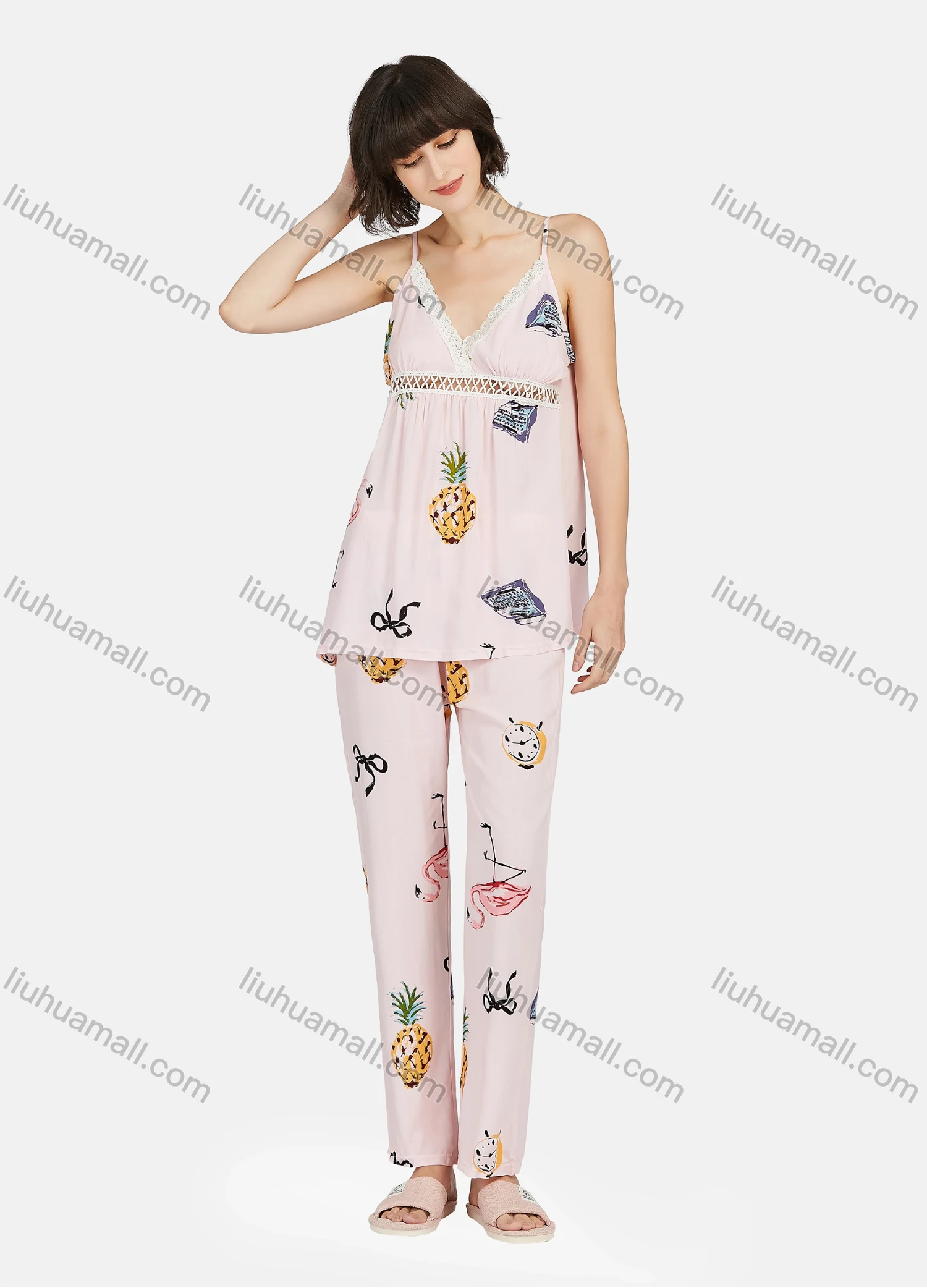 Wholesale Women's Allover Print Cut Out Lace Trim Cami Top & Pants 2 Piece Lounge Pajamas Set A06# - Liuhuamall