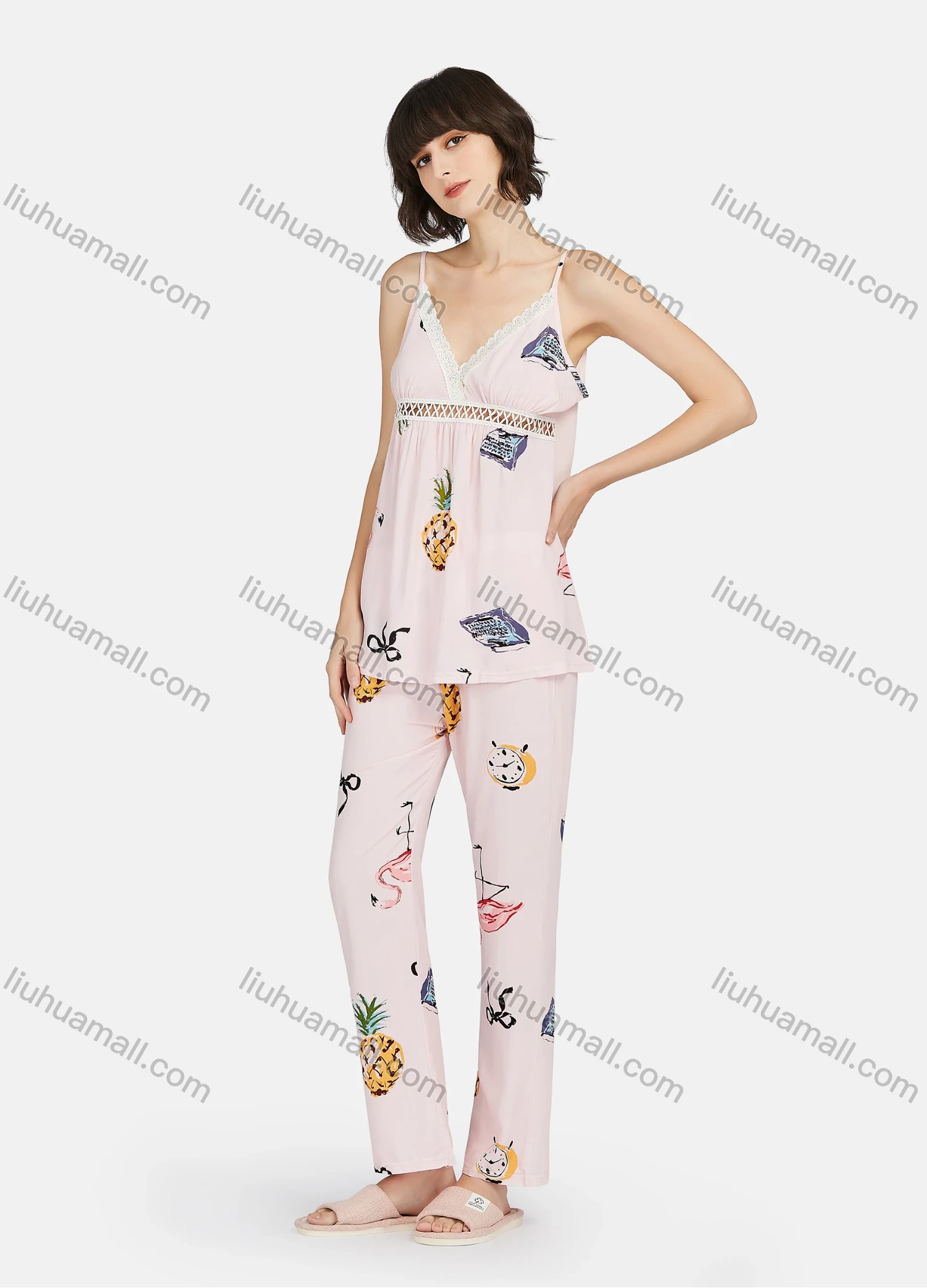 Wholesale Women's Allover Print Cut Out Lace Trim Cami Top & Pants 2 Piece Lounge Pajamas Set A06# - Liuhuamall