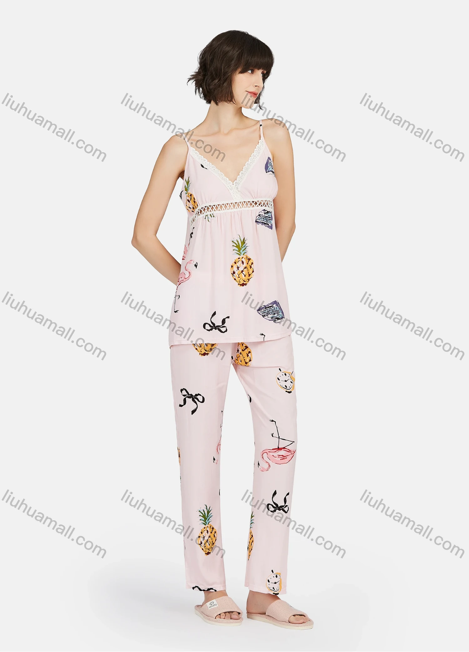 Wholesale Women's Allover Print Cut Out Lace Trim Cami Top & Pants 2 Piece Lounge Pajamas Set A06# - Liuhuamall