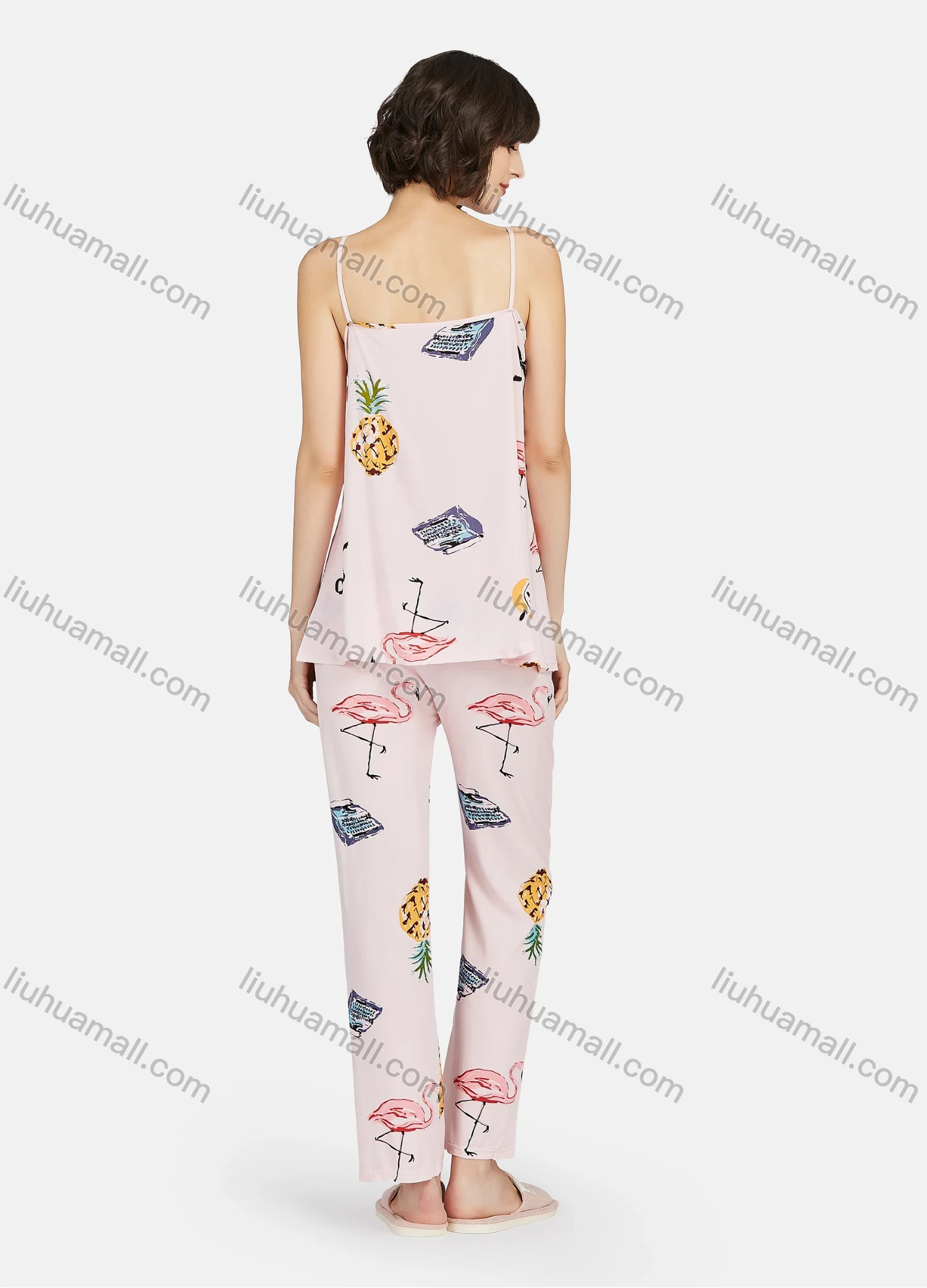 Wholesale Women's Allover Print Cut Out Lace Trim Cami Top & Pants 2 Piece Lounge Pajamas Set A06# - Liuhuamall