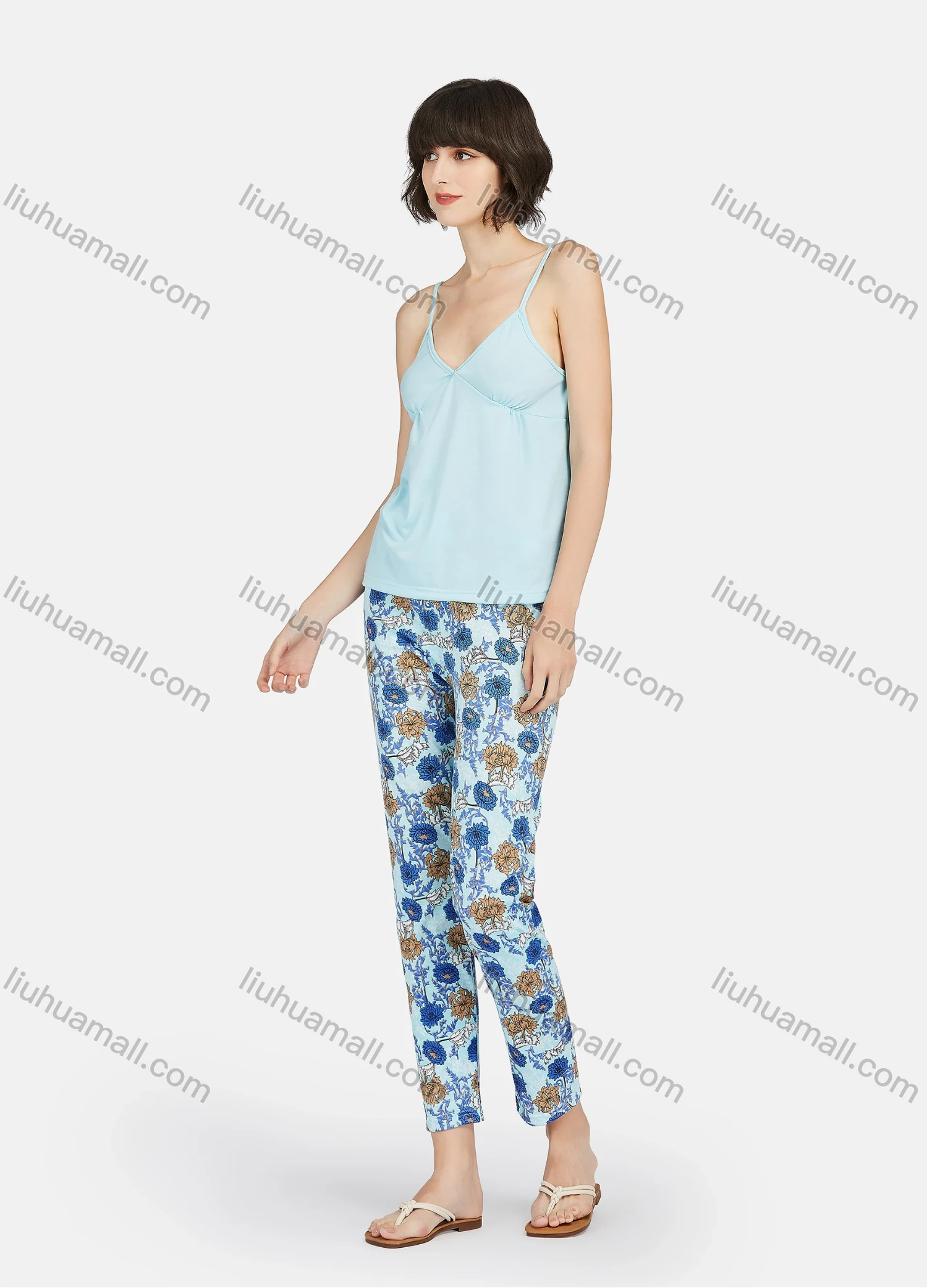 Wholesale Women's Milk Silk Plain Ruched Cami Tops & Floral Print Pants 2 Piece Lounge Pajamas Set A12# - Liuhuamall