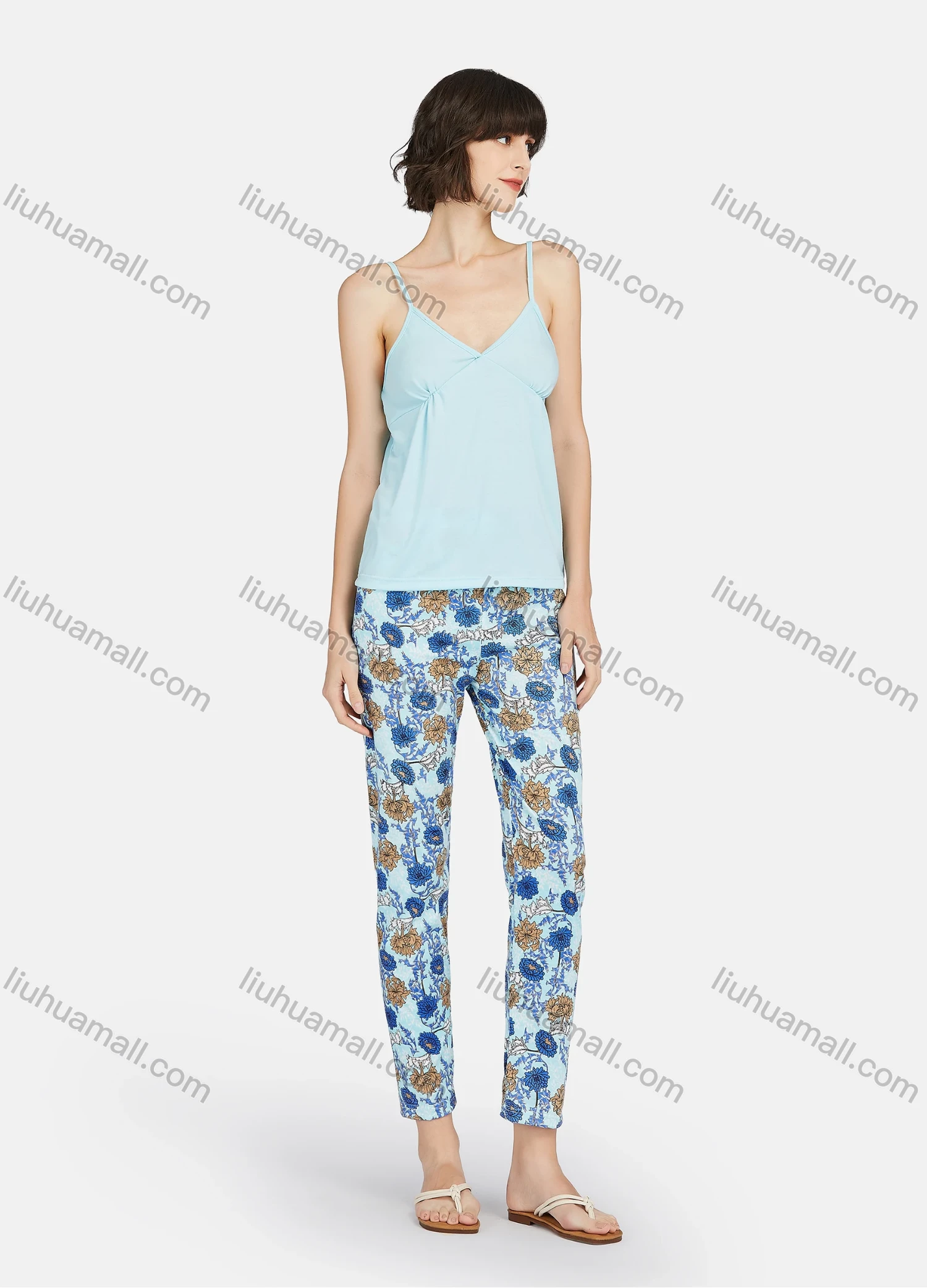 Wholesale Women's Milk Silk Plain Ruched Cami Tops & Floral Print Pants 2 Piece Lounge Pajamas Set A12# - Liuhuamall