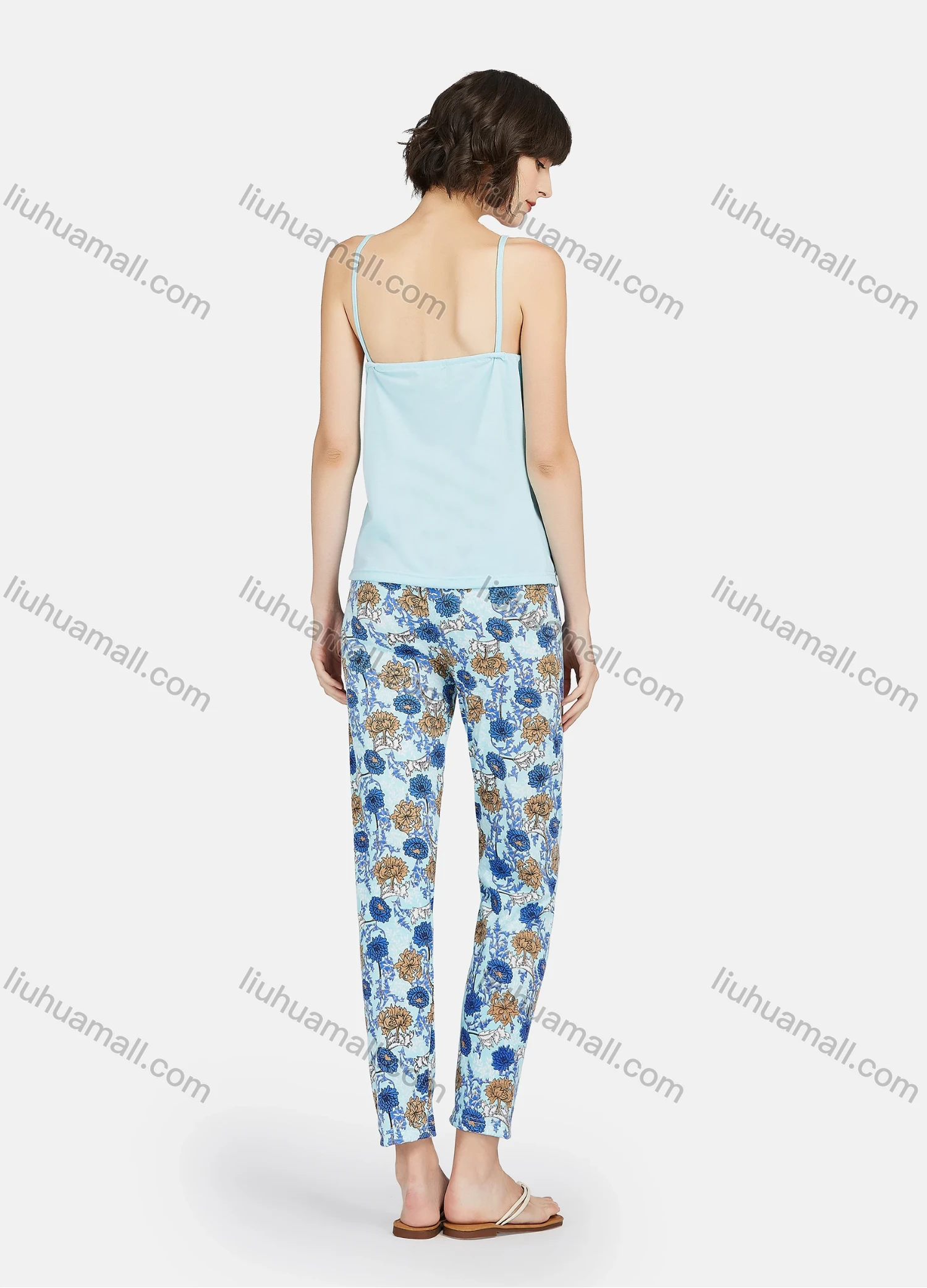 Wholesale Women's Milk Silk Plain Ruched Cami Tops & Floral Print Pants 2 Piece Lounge Pajamas Set A12# - Liuhuamall