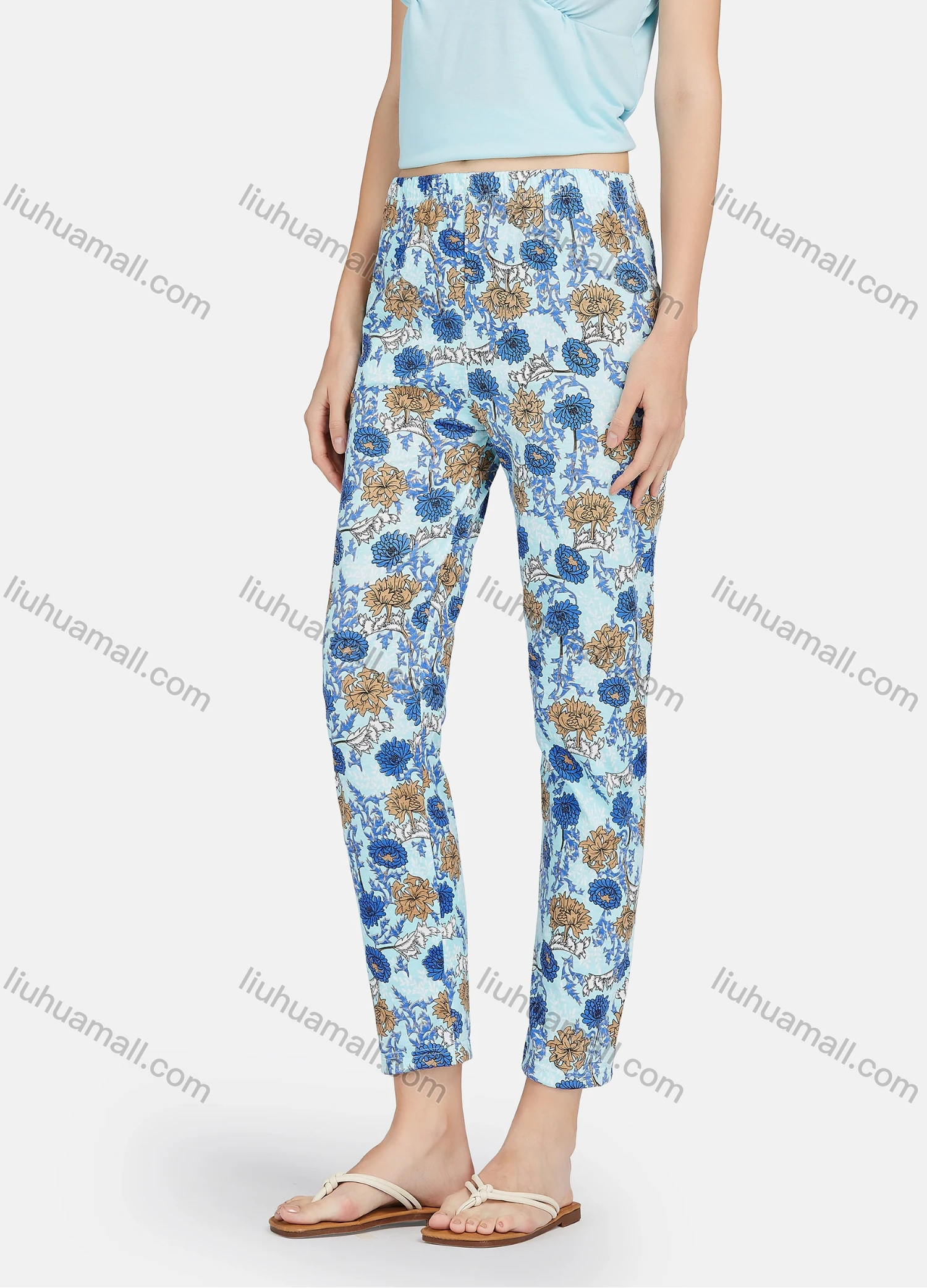 Wholesale Women's Milk Silk Plain Ruched Cami Tops & Floral Print Pants 2 Piece Lounge Pajamas Set A12# - Liuhuamall