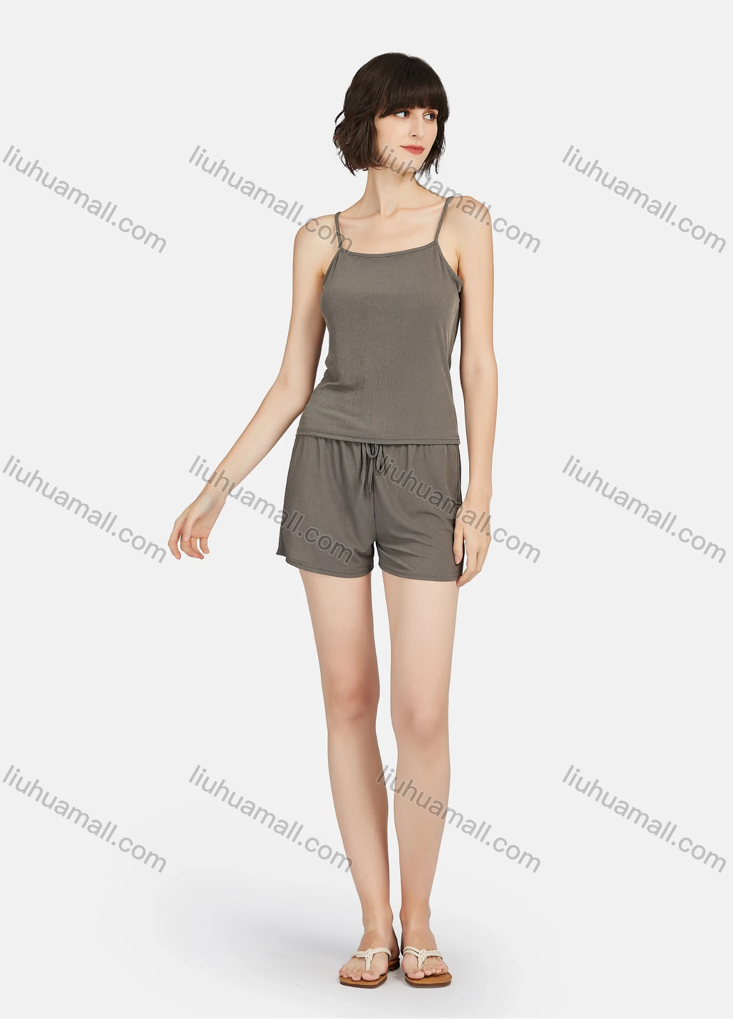 Wholesale Women's Soft Plain Spaghetti Strap Cami Top & Drawstring Shorts 2 Piece Lounge Pajamas Set A10# - Liuhuamall