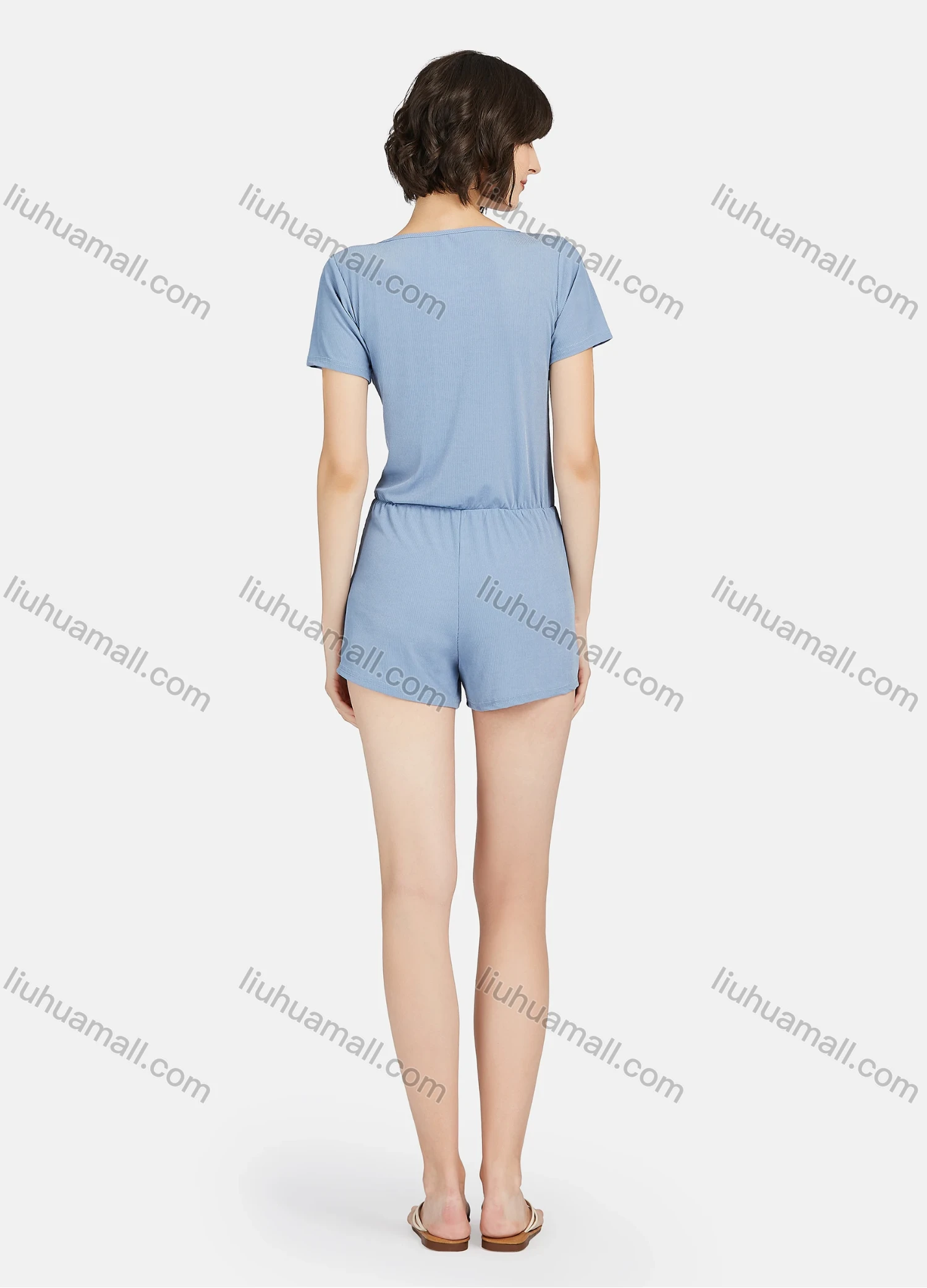 Wholesale Women's Soft Milk Silk Plain V Neck Short Sleeve Lounge Romper Pajamas A13# - Liuhuamall