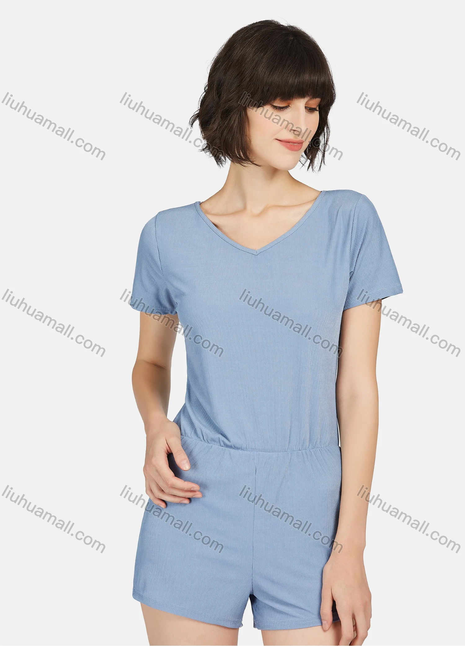 Wholesale Women's Soft Milk Silk Plain V Neck Short Sleeve Lounge Romper Pajamas A13# - Liuhuamall