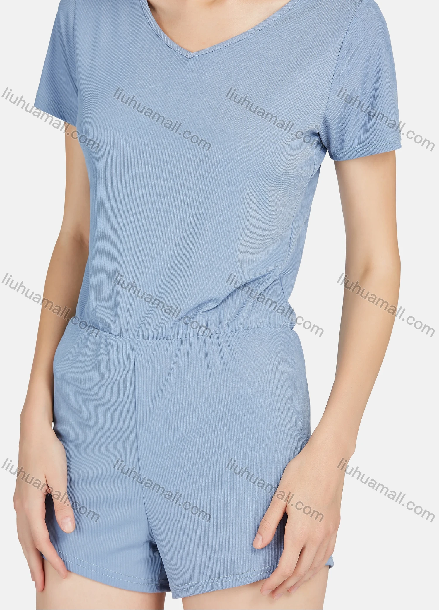 Wholesale Women's Soft Milk Silk Plain V Neck Short Sleeve Lounge Romper Pajamas A13# - Liuhuamall