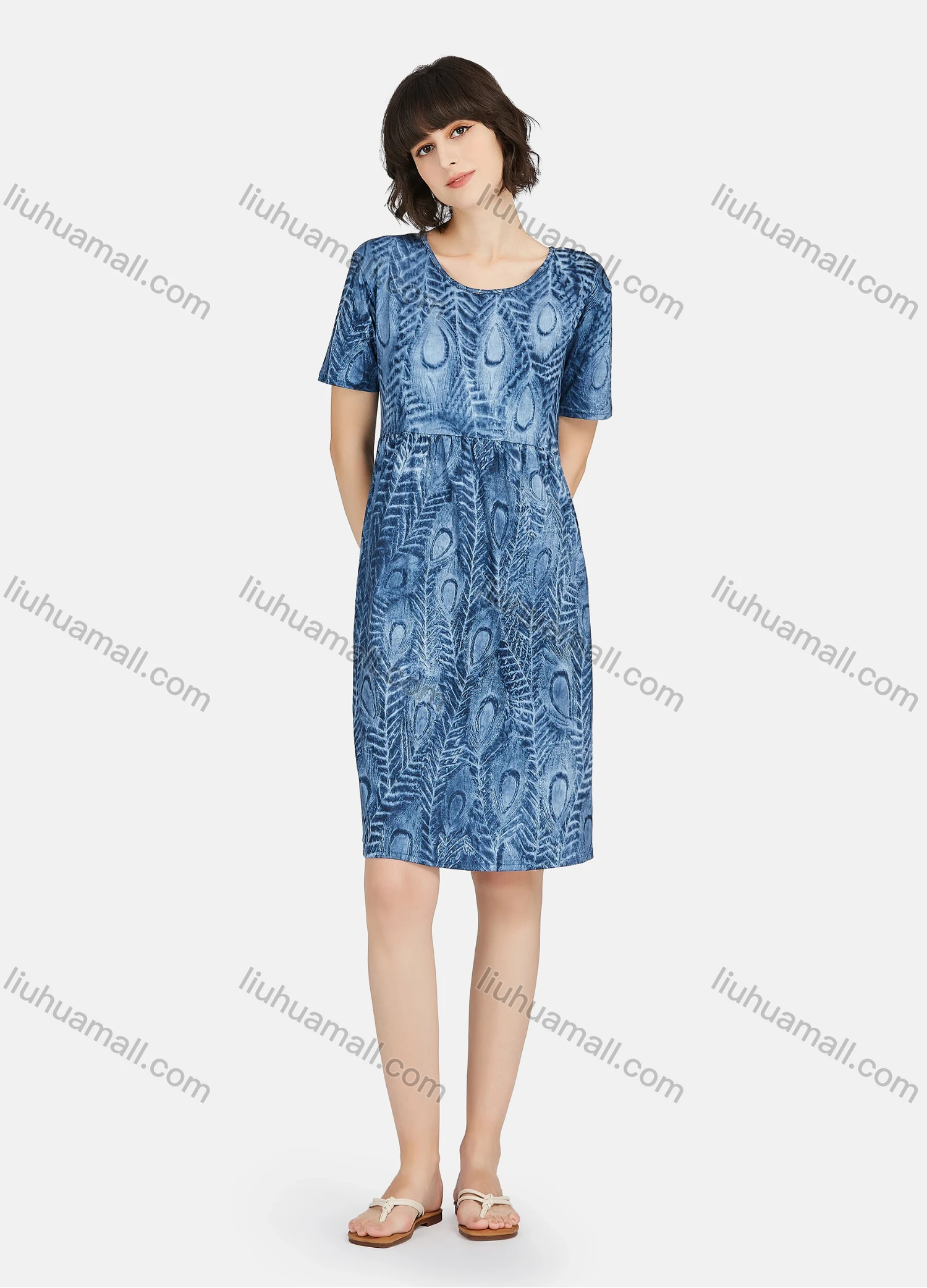 Wholesale Women's Lounge Soft Allover Print Round Neck Ruched Short Sleeve Lounge Nightgown A25# - Liuhuamall
