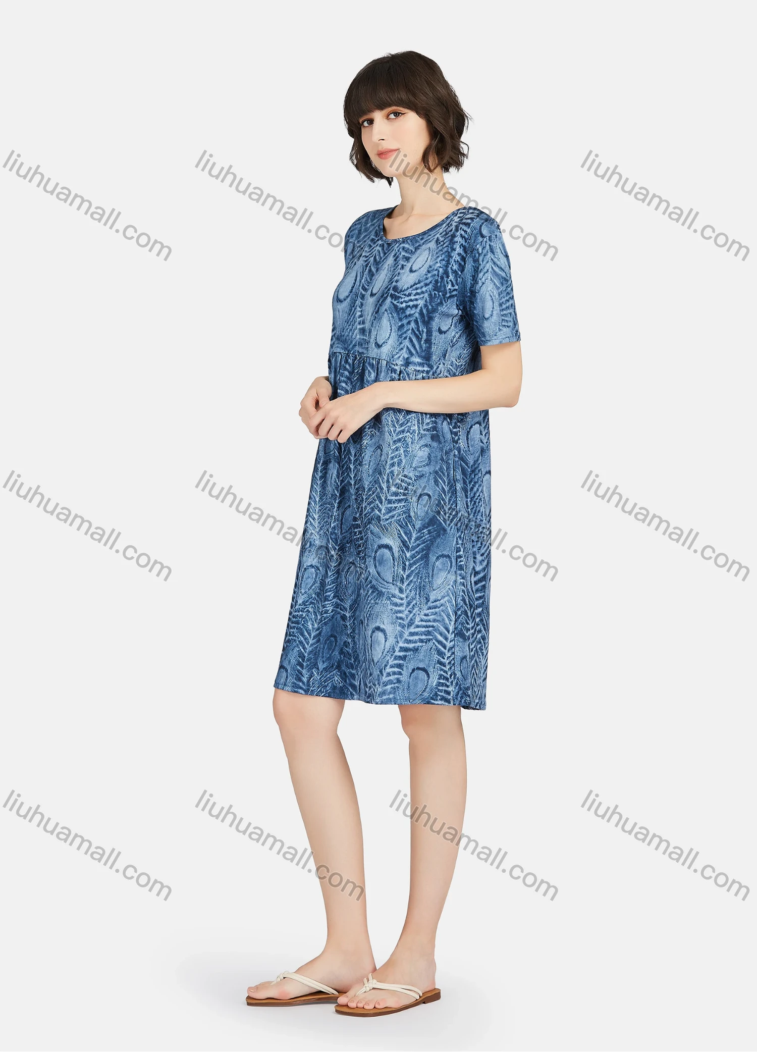 Wholesale Women's Lounge Soft Allover Print Round Neck Ruched Short Sleeve Lounge Nightgown A25# - Liuhuamall