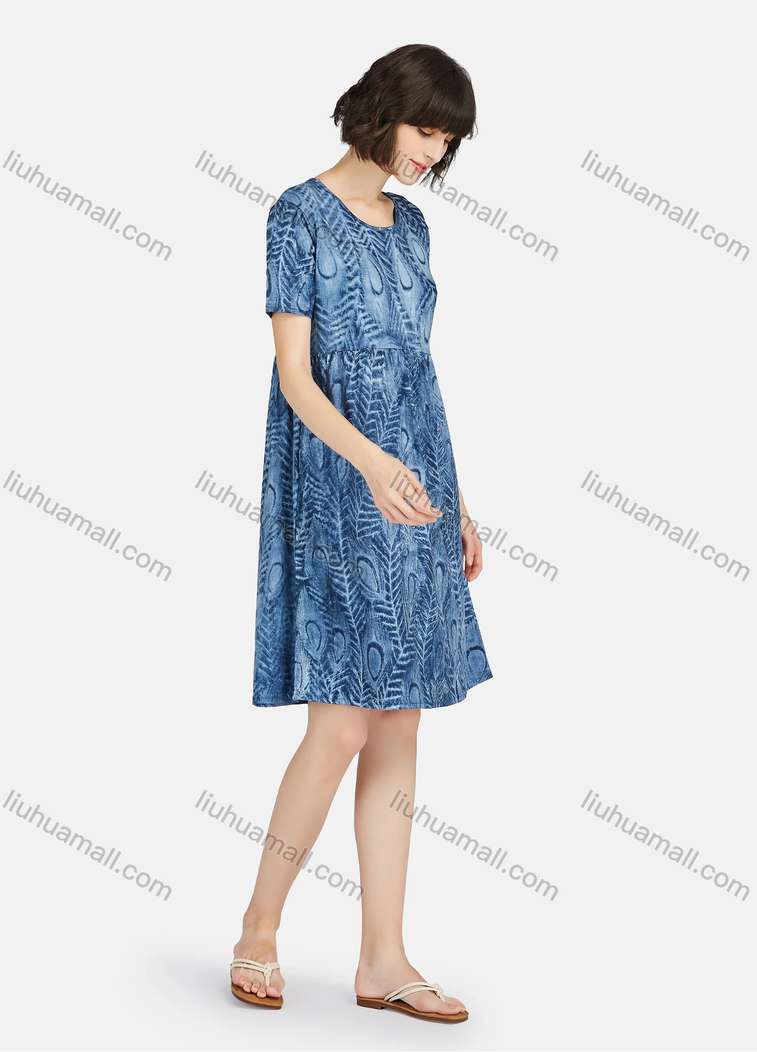 Wholesale Women's Lounge Soft Allover Print Round Neck Ruched Short Sleeve Lounge Nightgown A25# - Liuhuamall