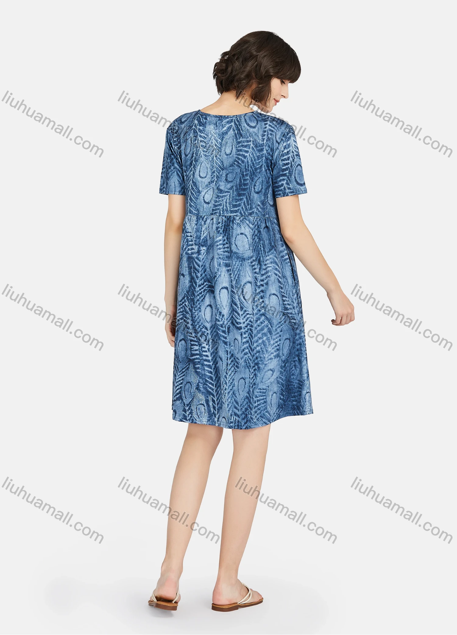 Wholesale Women's Lounge Soft Allover Print Round Neck Ruched Short Sleeve Lounge Nightgown A25# - Liuhuamall