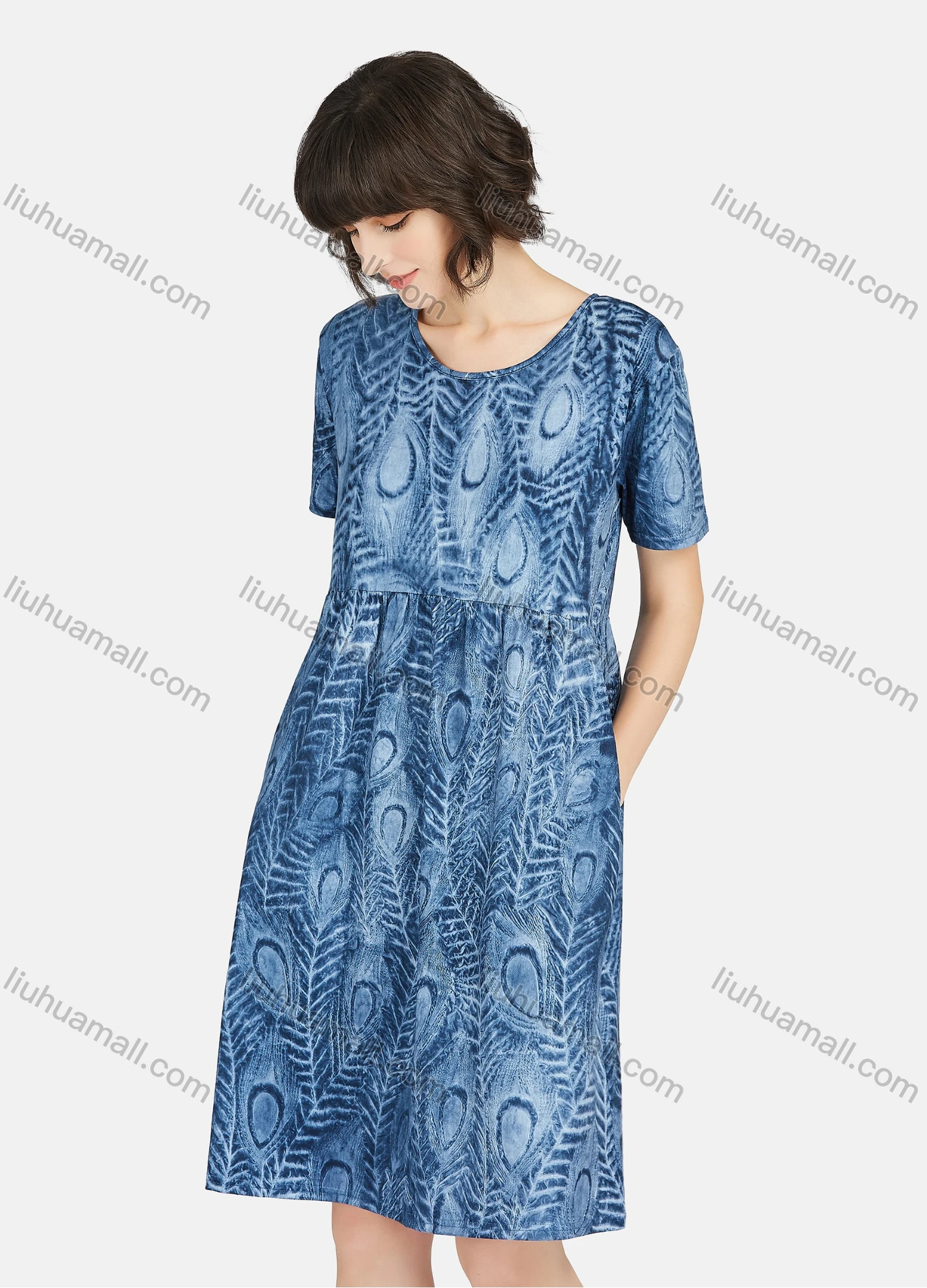 Wholesale Women's Lounge Soft Allover Print Round Neck Ruched Short Sleeve Lounge Nightgown A25# - Liuhuamall