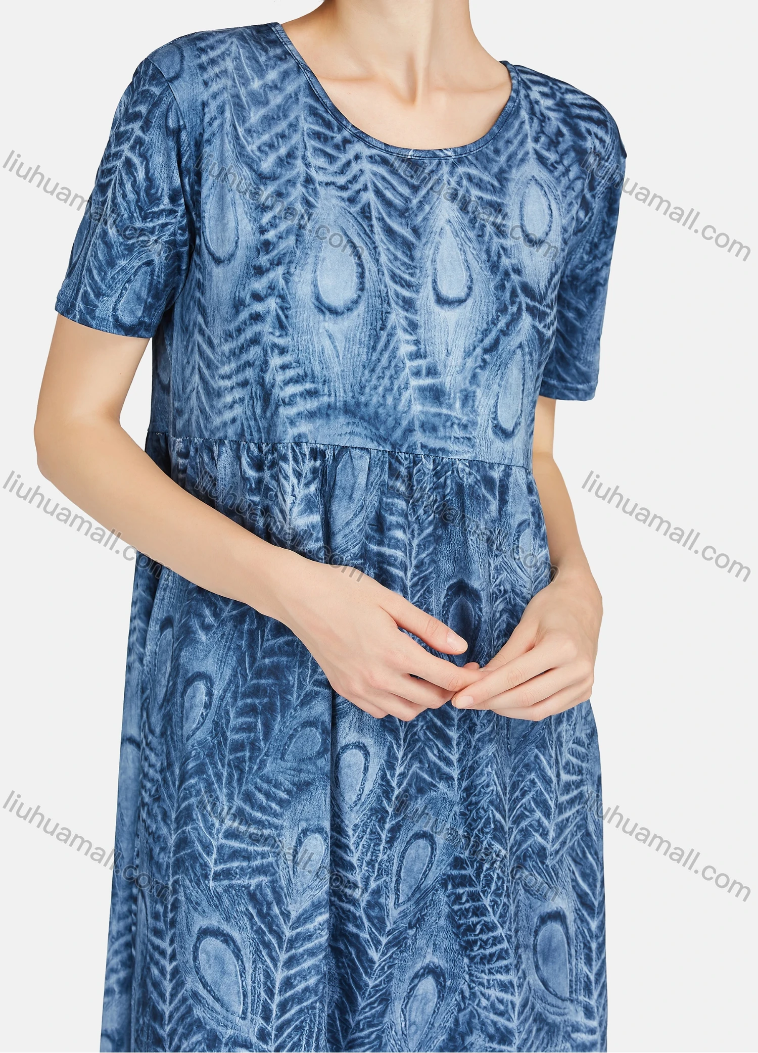 Wholesale Women's Lounge Soft Allover Print Round Neck Ruched Short Sleeve Lounge Nightgown A25# - Liuhuamall