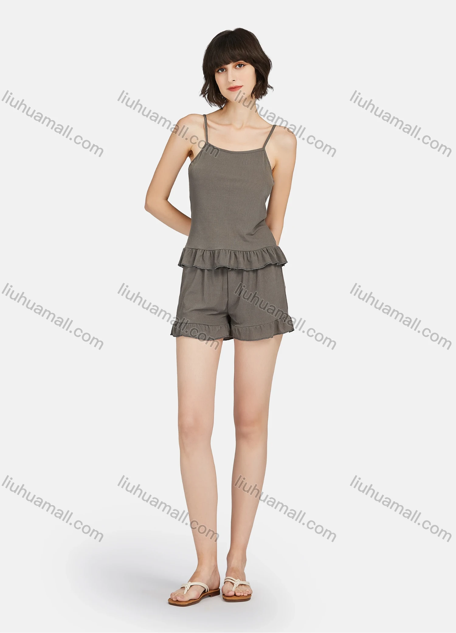 Wholesale Women's Plain Ruffle Hem Cami Top & Shorts 2 Piece Lounge Pajamas Set A11# - Liuhuamall