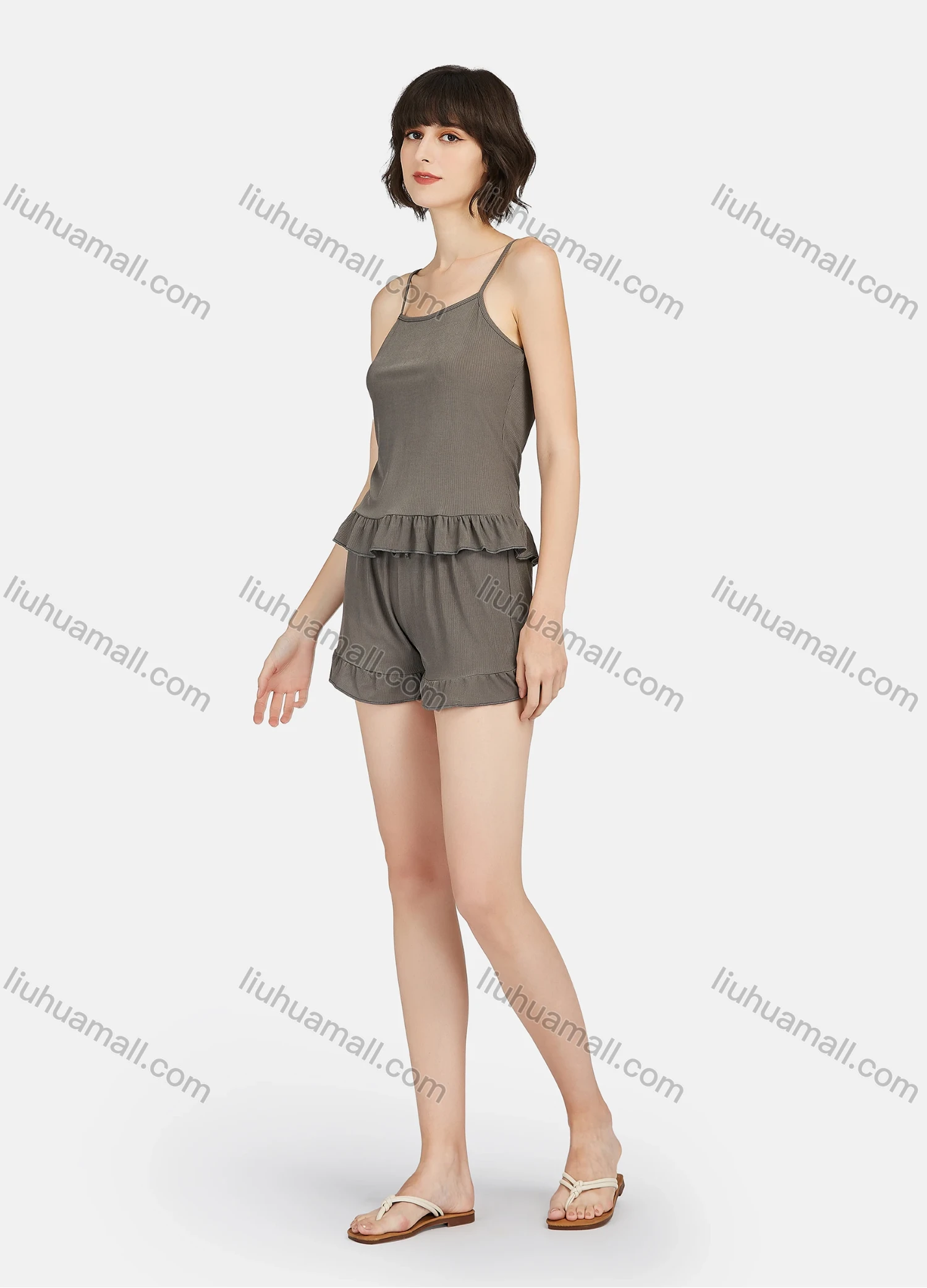 Wholesale Women's Plain Ruffle Hem Cami Top & Shorts 2 Piece Lounge Pajamas Set A11# - Liuhuamall