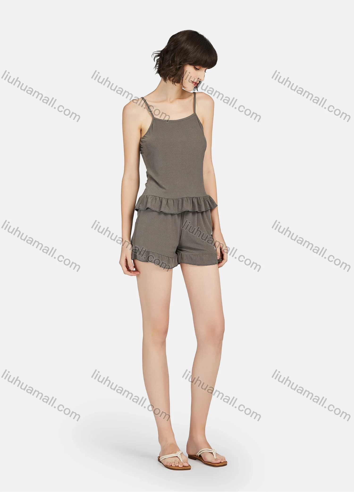 Wholesale Women's Plain Ruffle Hem Cami Top & Shorts 2 Piece Lounge Pajamas Set A11# - Liuhuamall