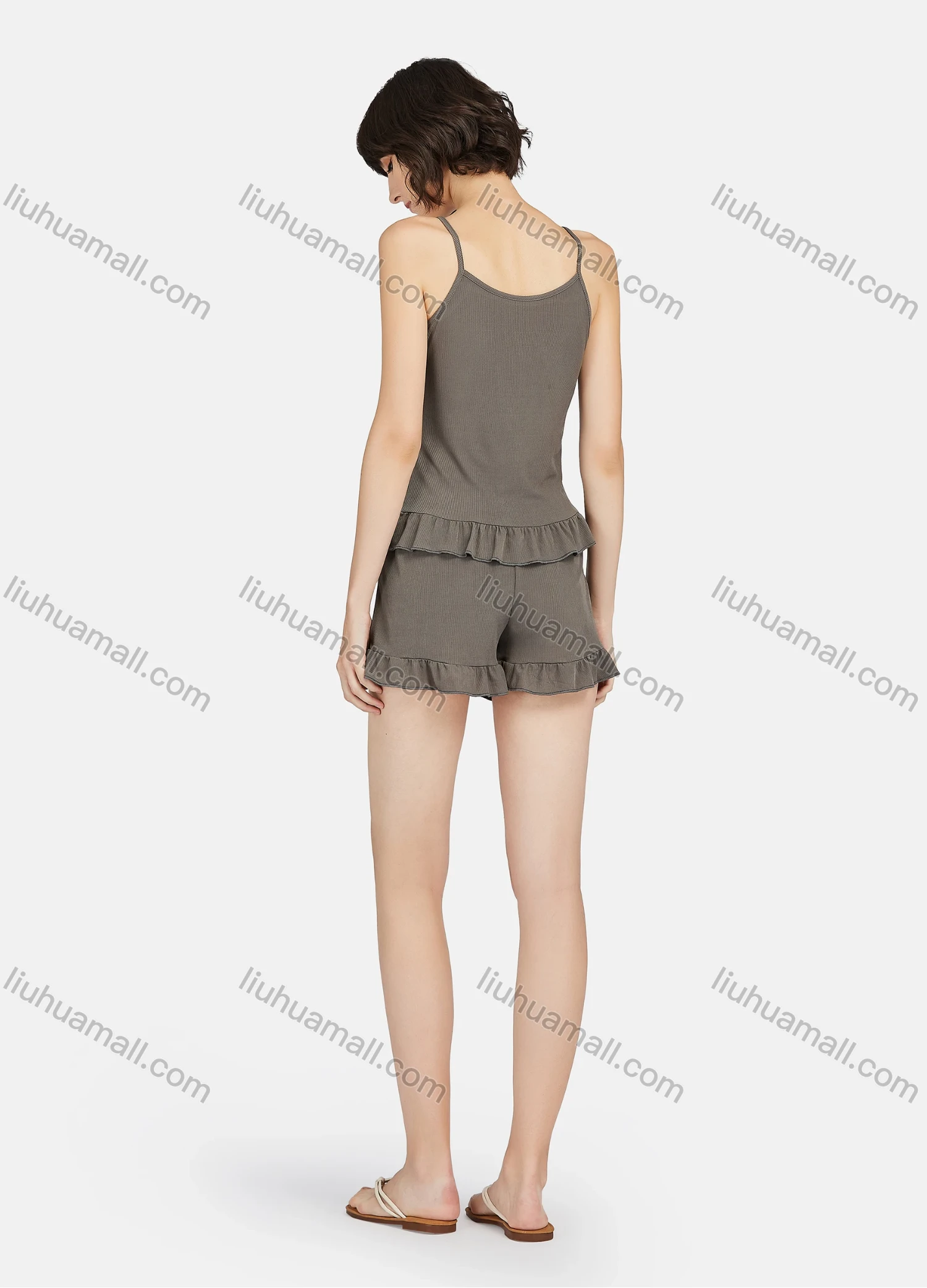 Wholesale Women's Plain Ruffle Hem Cami Top & Shorts 2 Piece Lounge Pajamas Set A11# - Liuhuamall