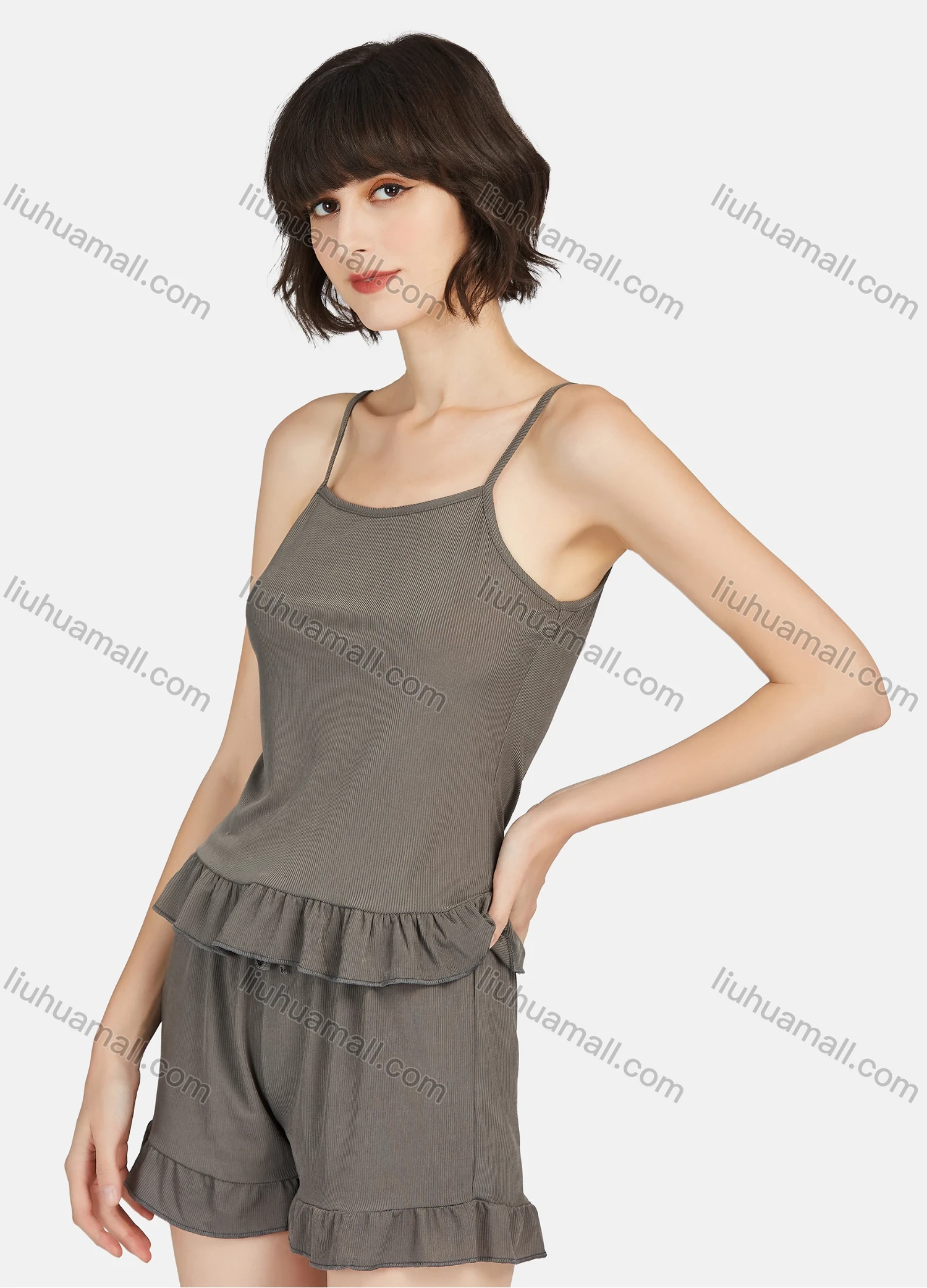 Wholesale Women's Plain Ruffle Hem Cami Top & Shorts 2 Piece Lounge Pajamas Set A11# - Liuhuamall