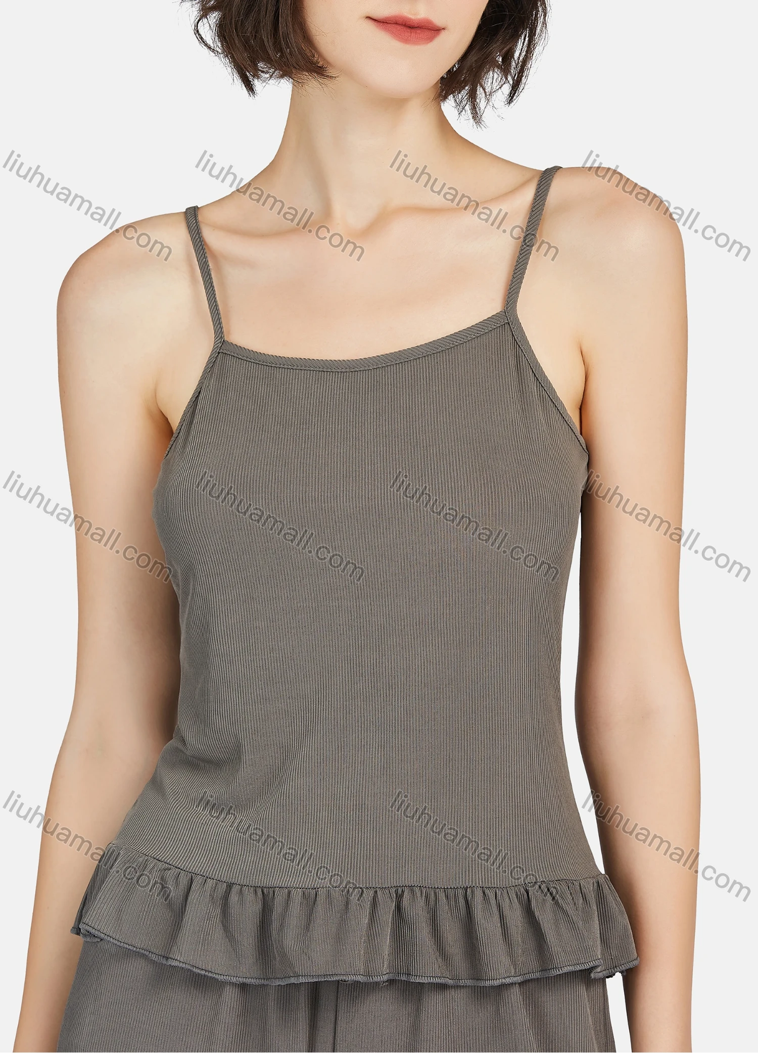 Wholesale Women's Plain Ruffle Hem Cami Top & Shorts 2 Piece Lounge Pajamas Set A11# - Liuhuamall