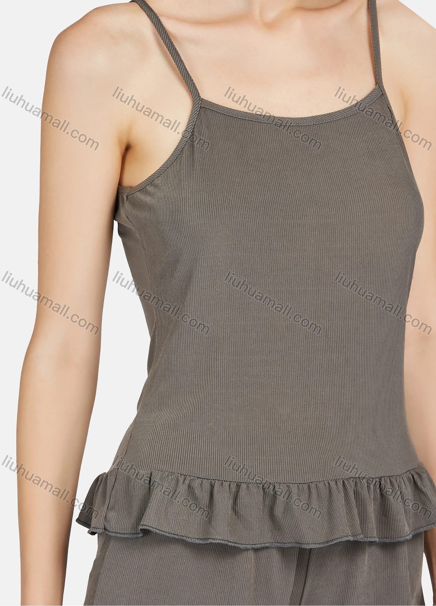 Wholesale Women's Plain Ruffle Hem Cami Top & Shorts 2 Piece Lounge Pajamas Set A11# - Liuhuamall