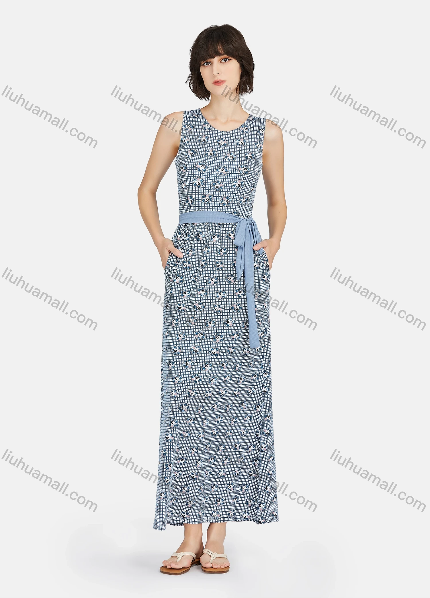 Wholesale Women's Milk Silk Soft Plaid Allover Print Round Neck Lounge Maxi Nightgown With Belt A22# - Liuhuamall