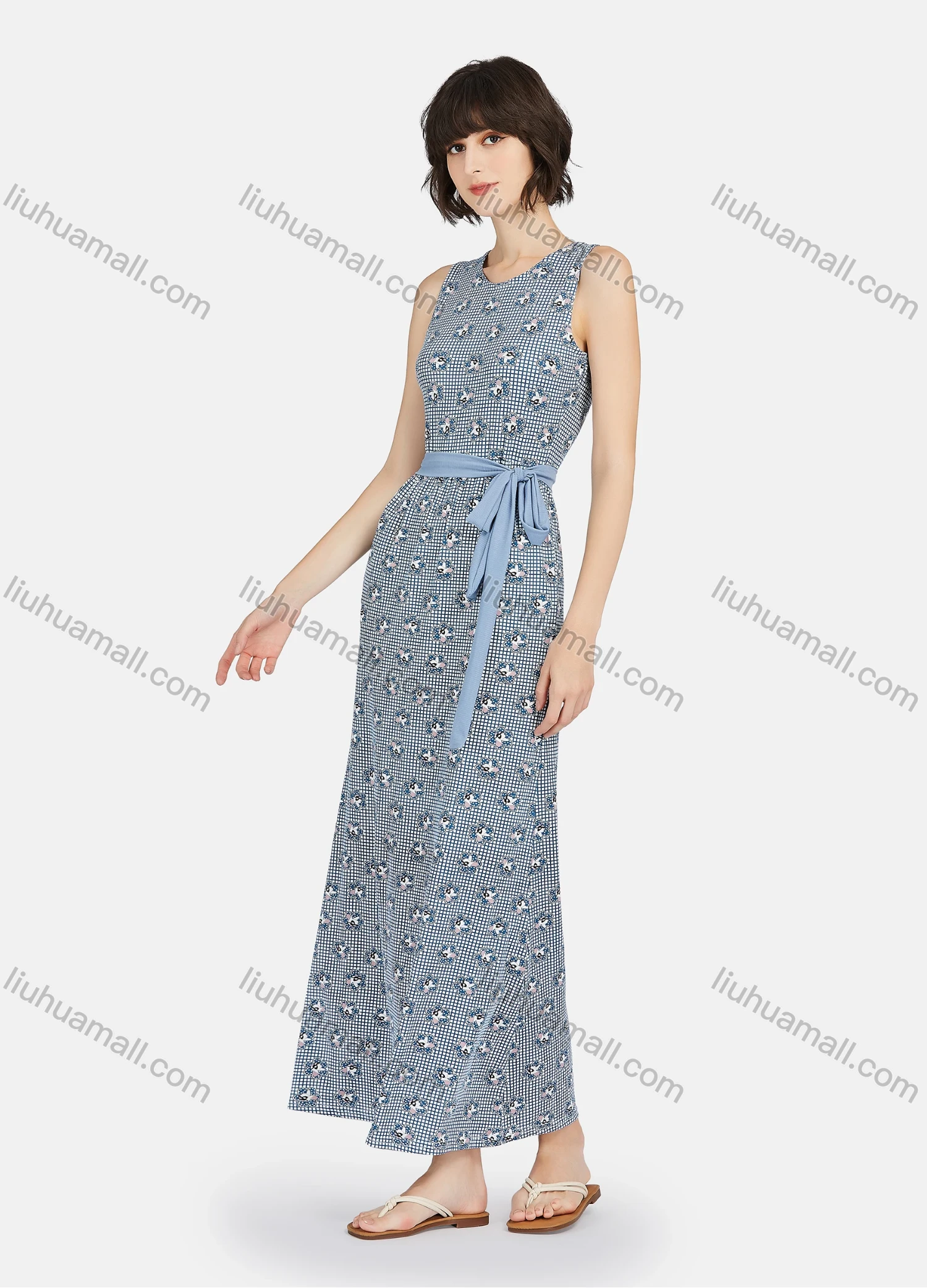Wholesale Women's Milk Silk Soft Plaid Allover Print Round Neck Lounge Maxi Nightgown With Belt A22# - Liuhuamall