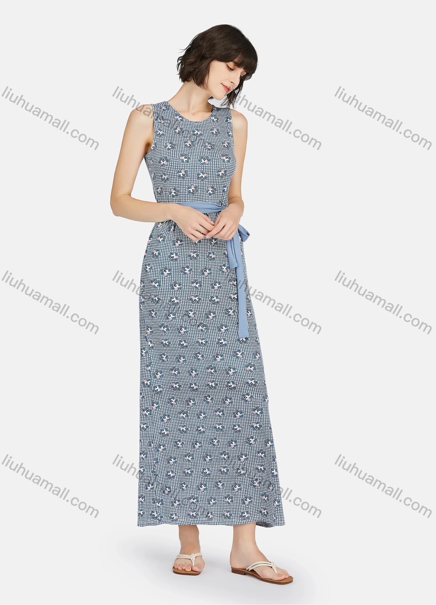 Wholesale Women's Milk Silk Soft Plaid Allover Print Round Neck Lounge Maxi Nightgown With Belt A22# - Liuhuamall