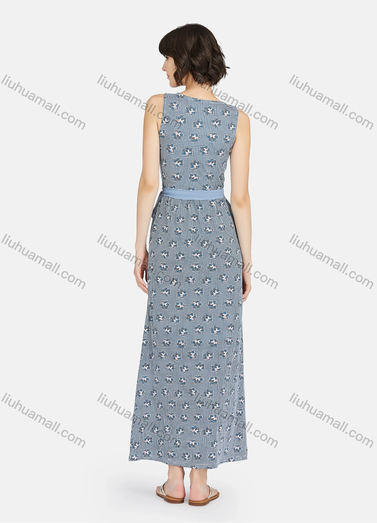 Wholesale Women's Milk Silk Soft Plaid Allover Print Round Neck Lounge Maxi Nightgown With Belt A22# - Liuhuamall