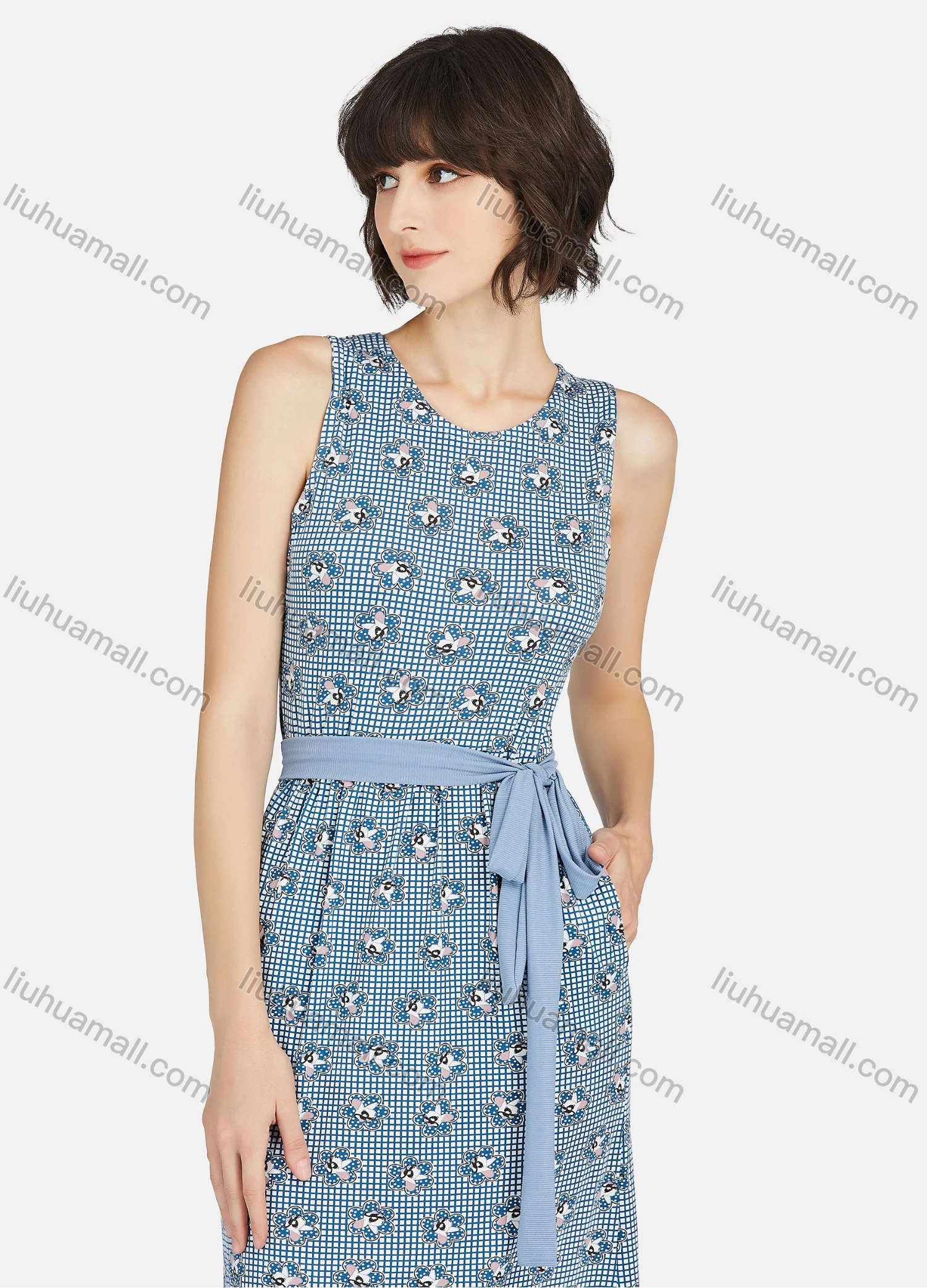 Wholesale Women's Milk Silk Soft Plaid Allover Print Round Neck Lounge Maxi Nightgown With Belt A22# - Liuhuamall