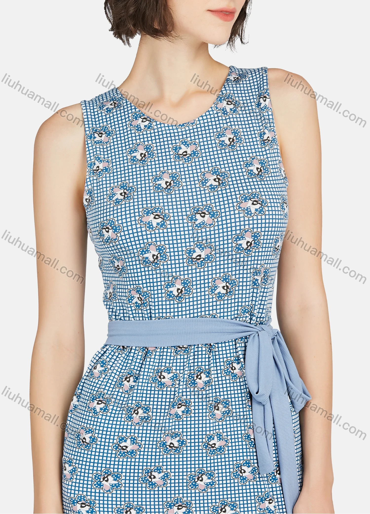 Wholesale Women's Milk Silk Soft Plaid Allover Print Round Neck Lounge Maxi Nightgown With Belt A22# - Liuhuamall