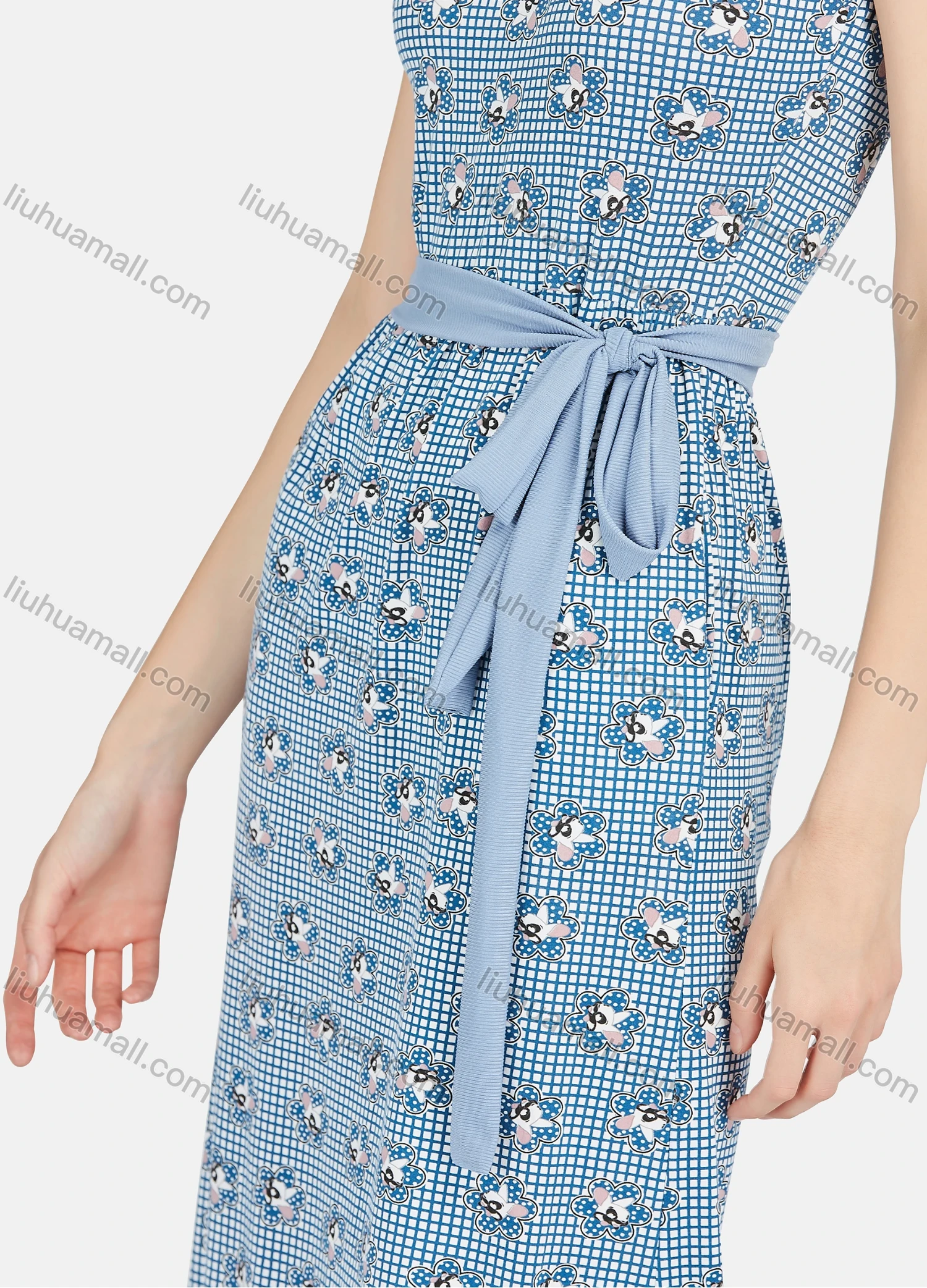 Wholesale Women's Milk Silk Soft Plaid Allover Print Round Neck Lounge Maxi Nightgown With Belt A22# - Liuhuamall