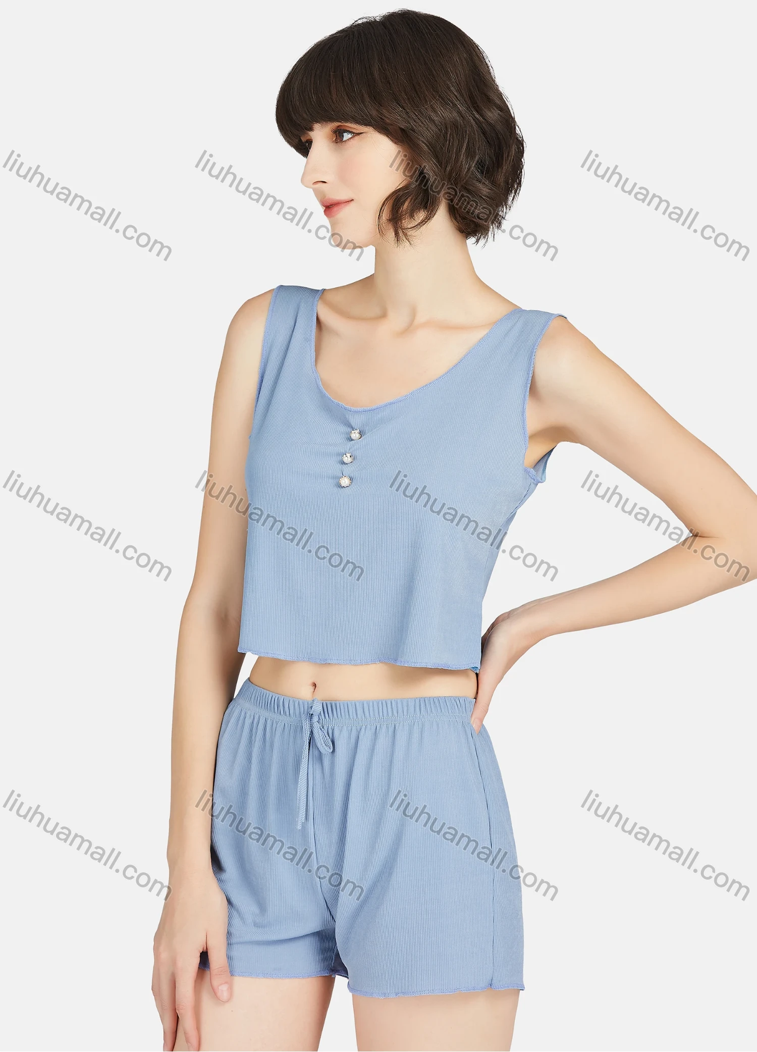 Wholesale Women's Plain Pearl Decor Crop Tank Top & Drawstring Shorts 2 Piece Lounge Pajamas Set A21# - Liuhuamall