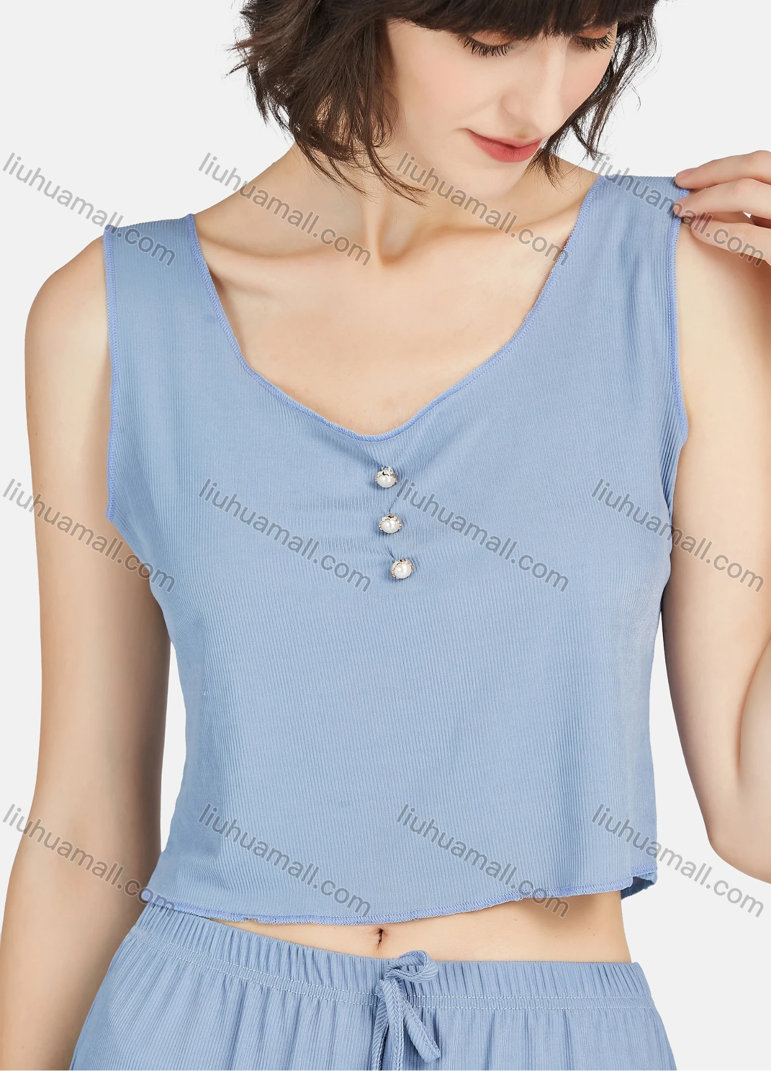 Wholesale Women's Plain Pearl Decor Crop Tank Top & Drawstring Shorts 2 Piece Lounge Pajamas Set A21# - Liuhuamall