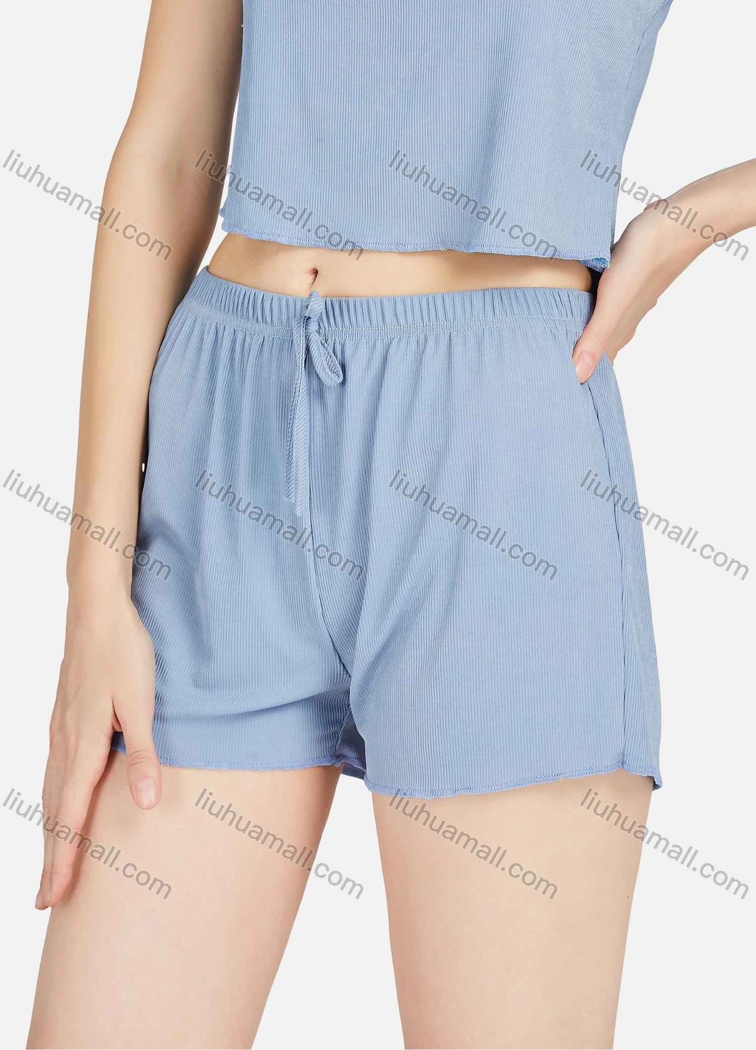 Wholesale Women's Plain Pearl Decor Crop Tank Top & Drawstring Shorts 2 Piece Lounge Pajamas Set A21# - Liuhuamall
