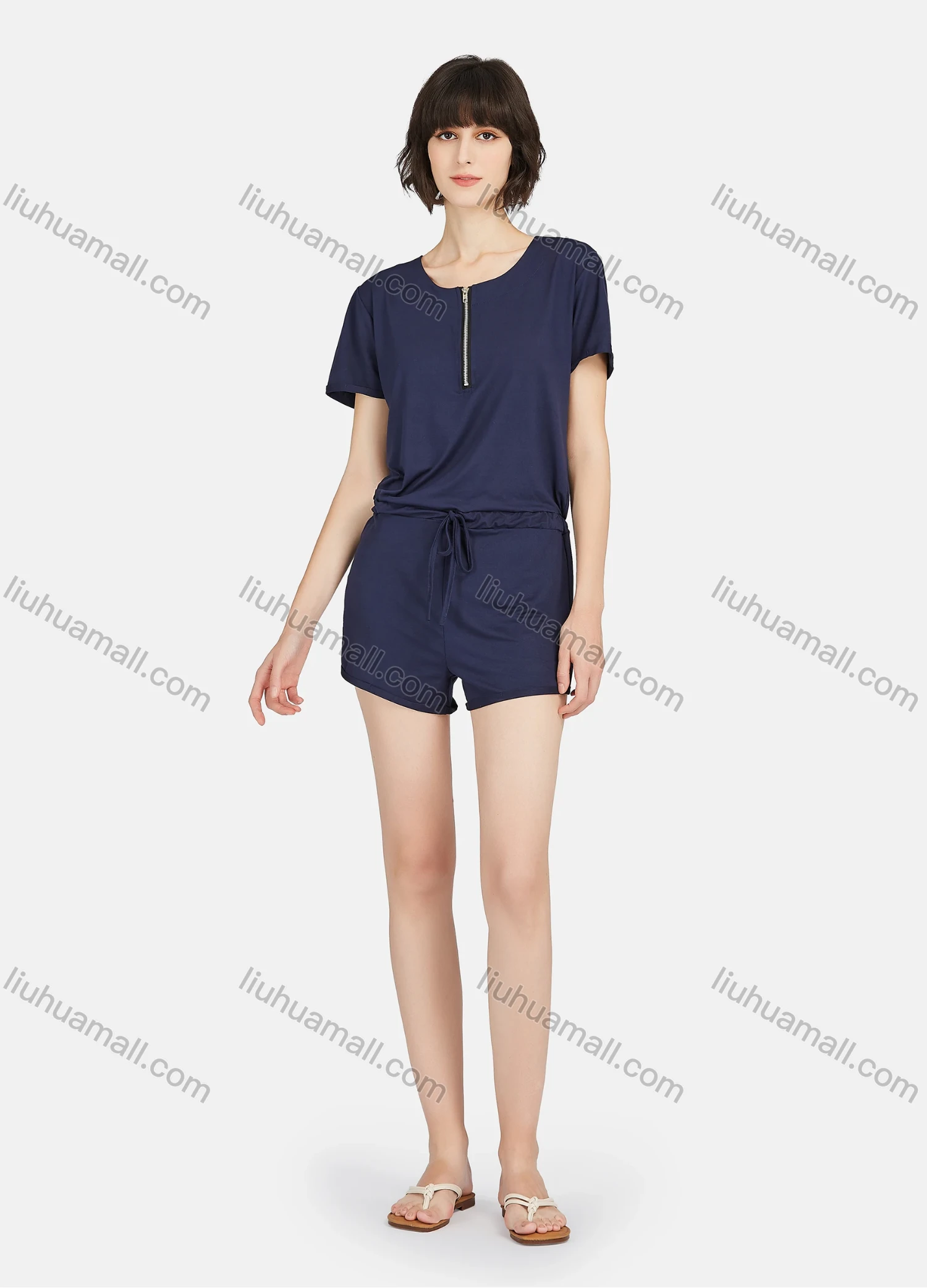 Wholesale Women's Plain Quarter Zip Short Sleeve Drawstring Lounge Shorts Romper Pajamas A24# - Liuhuamall