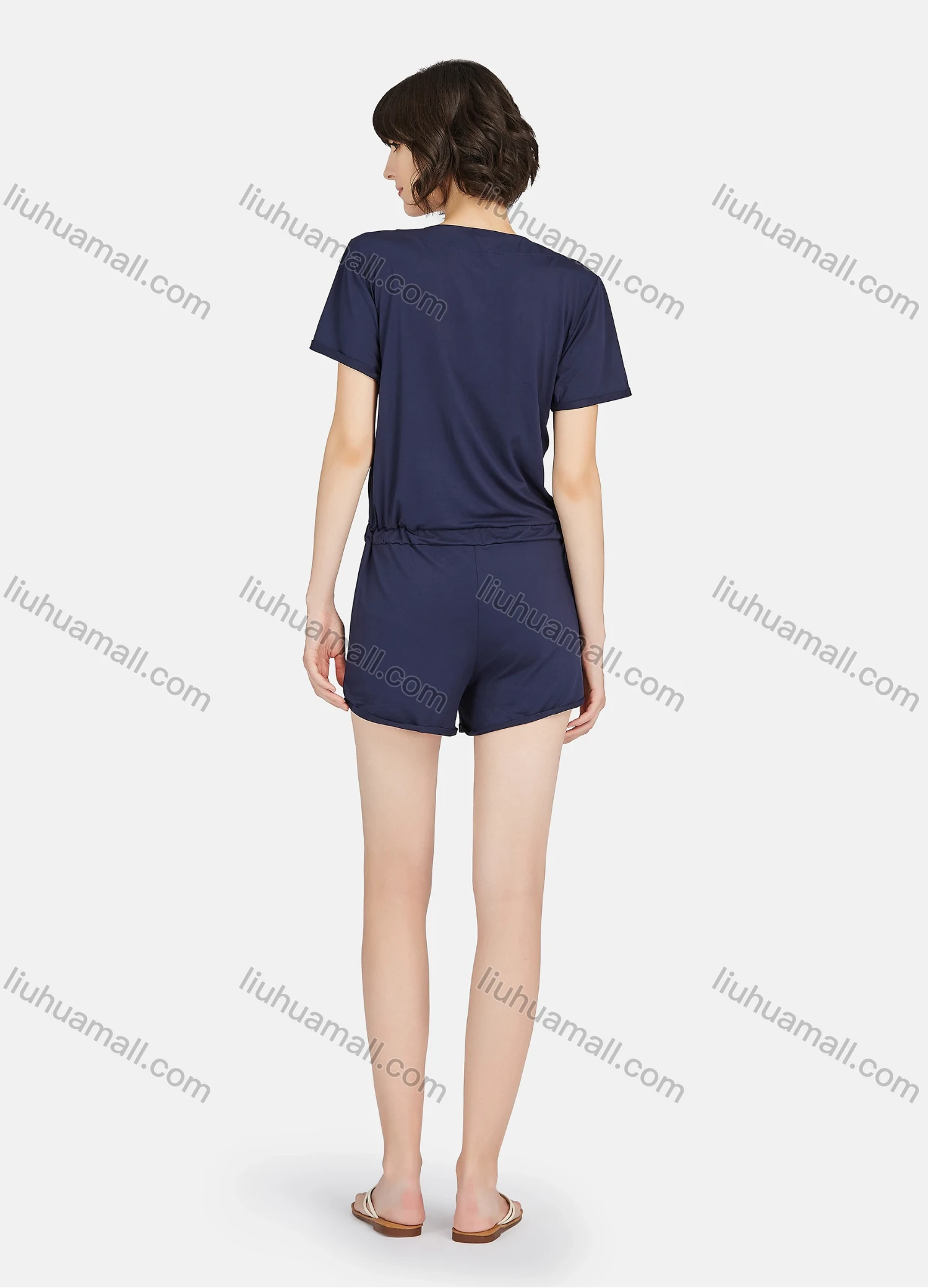 Wholesale Women's Plain Quarter Zip Short Sleeve Drawstring Lounge Shorts Romper Pajamas A24# - Liuhuamall