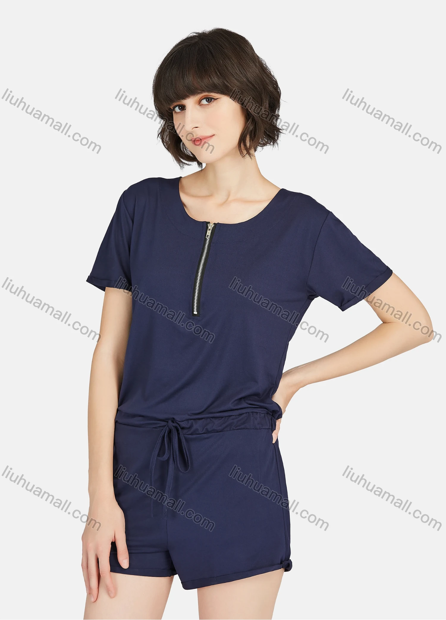 Wholesale Women's Plain Quarter Zip Short Sleeve Drawstring Lounge Shorts Romper Pajamas A24# - Liuhuamall