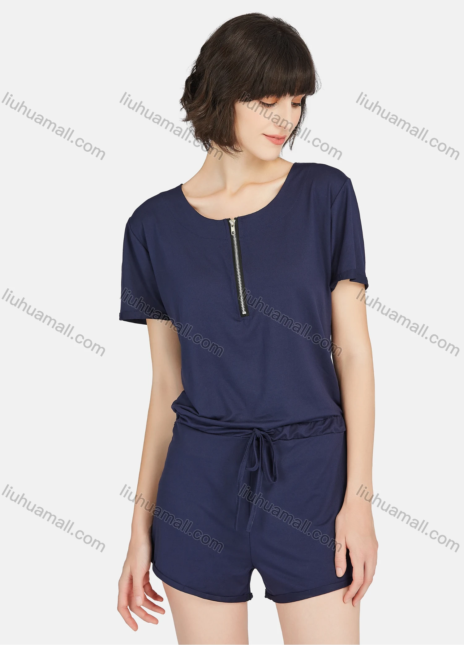 Wholesale Women's Plain Quarter Zip Short Sleeve Drawstring Lounge Shorts Romper Pajamas A24# - Liuhuamall